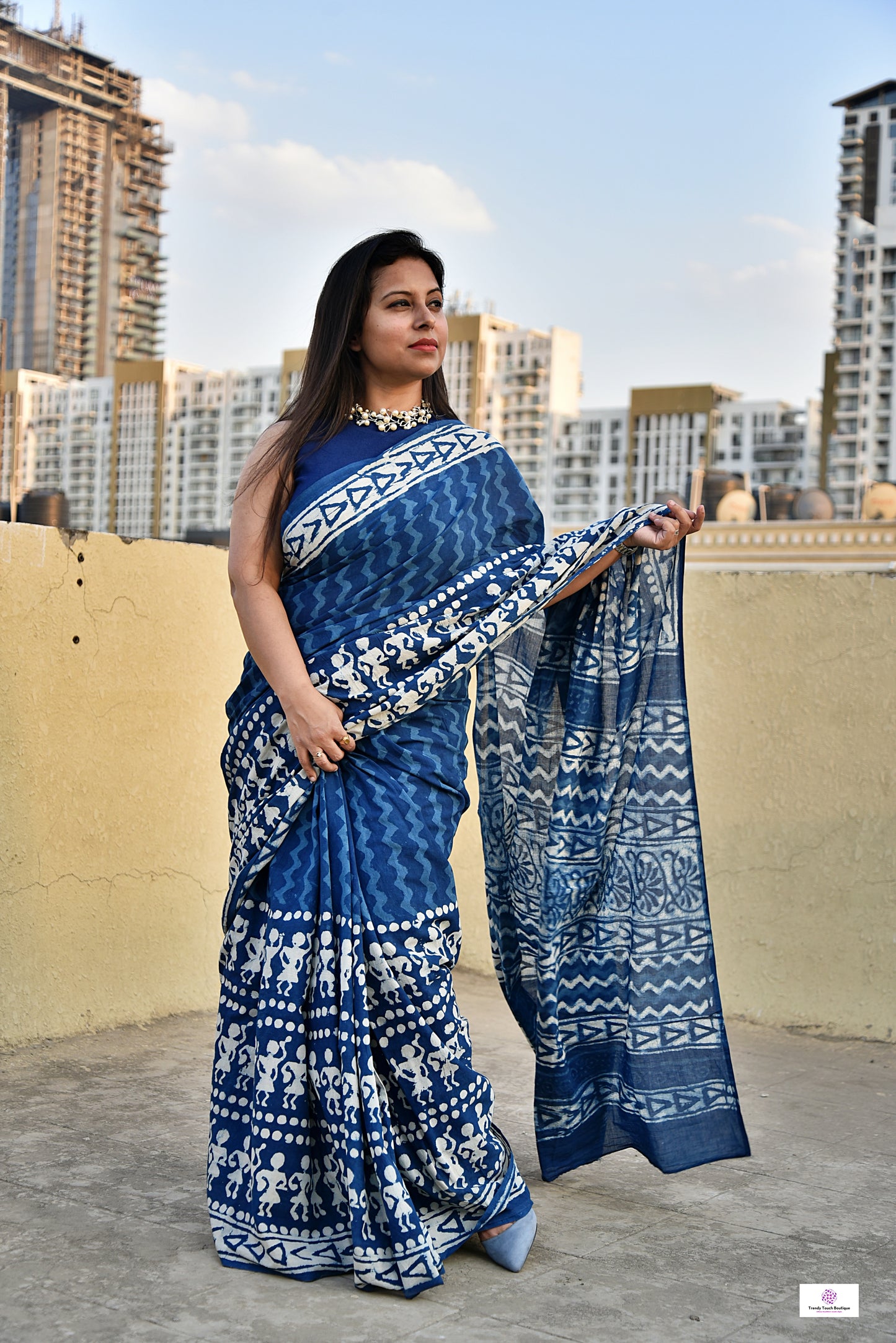 indigo blue handblock print mul cotton saree for summer office wear daily use saree best price