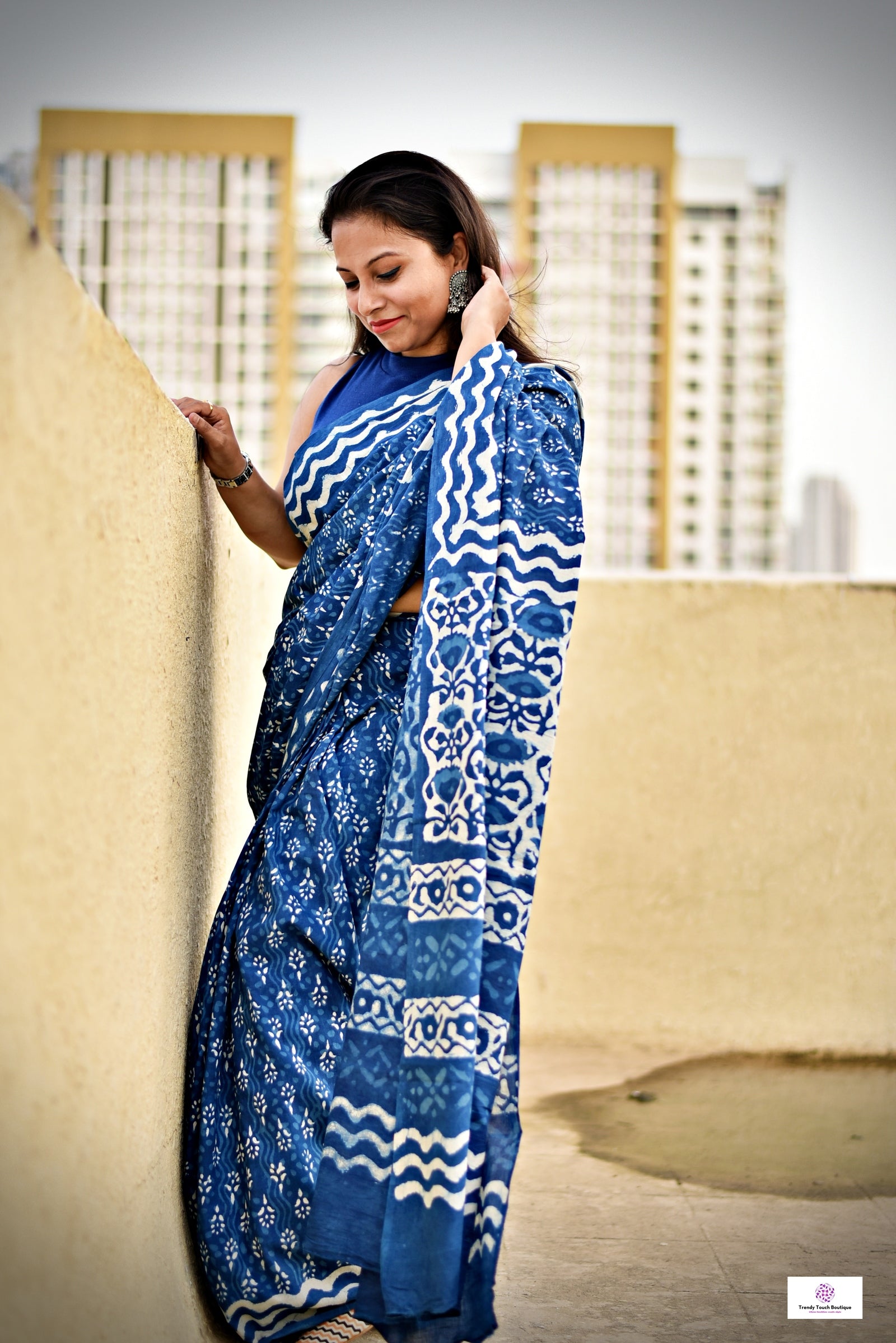 handblockprint mulcotton indigo saree office and casual wear best summer fabric in natural dye with zigzag and floral pattern with blouse piece