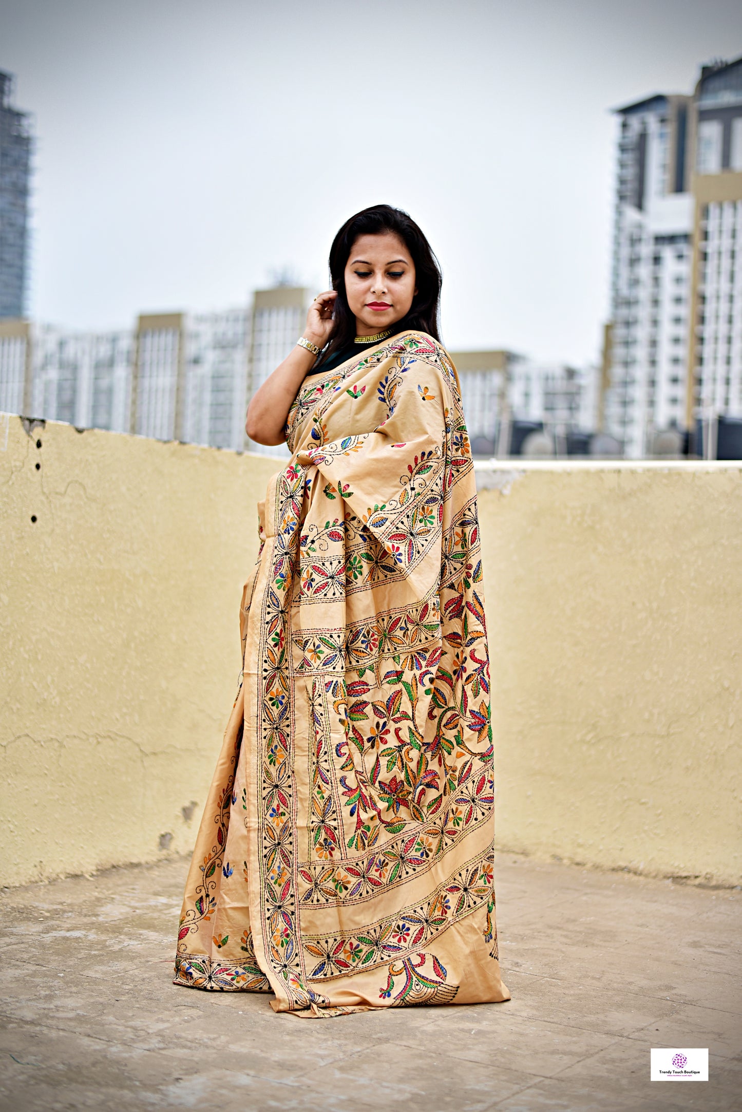 kantha handembroidered floral designer blended bangalore silk saree with blouse piece in beige best for wedding functions and office events lightweight saree best price