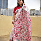 kantha hand embroidered designer bangalore art silk saree white with lotus kantha work in red maroon pink and black best summer fabric blouse piece for wedding functions and special celebrations style festive wear saree