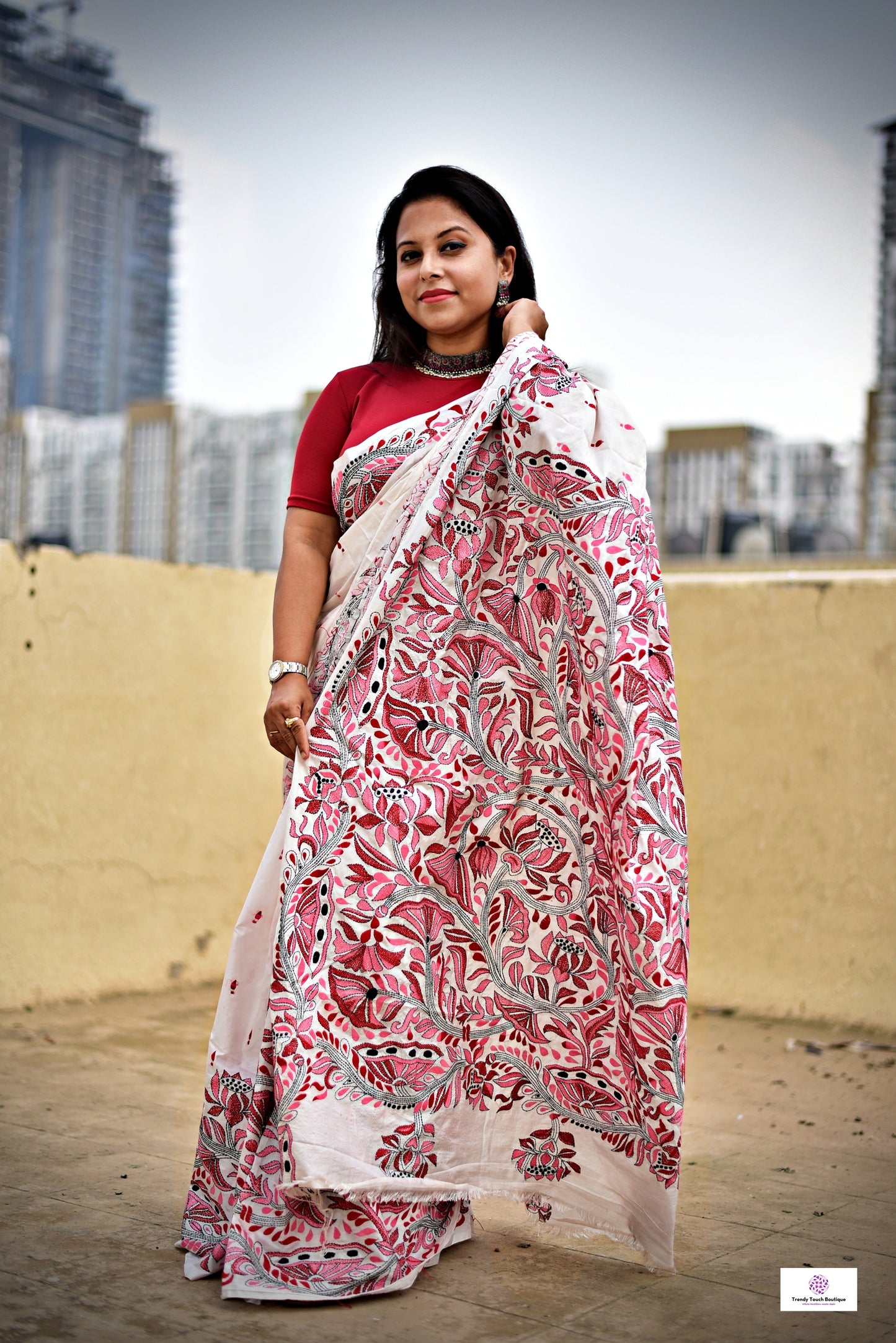 kantha hand embroidered designer bangalore art silk saree white with lotus kantha work in red maroon pink and black best summer fabric blouse piece for wedding functions and special celebrations style festive wear saree