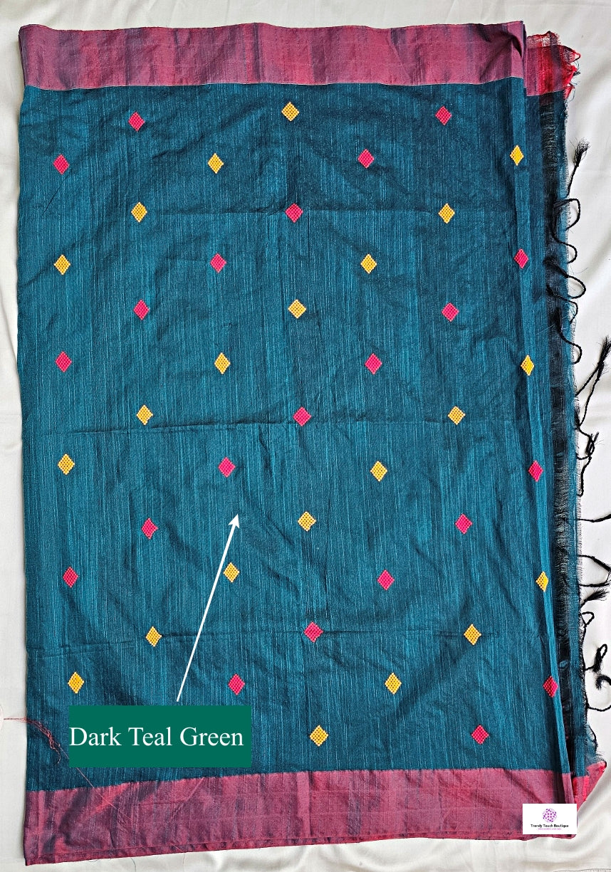 DIAMOND - BENGAL COTTON HANDLOOM SAREE (TEAL GREEN)