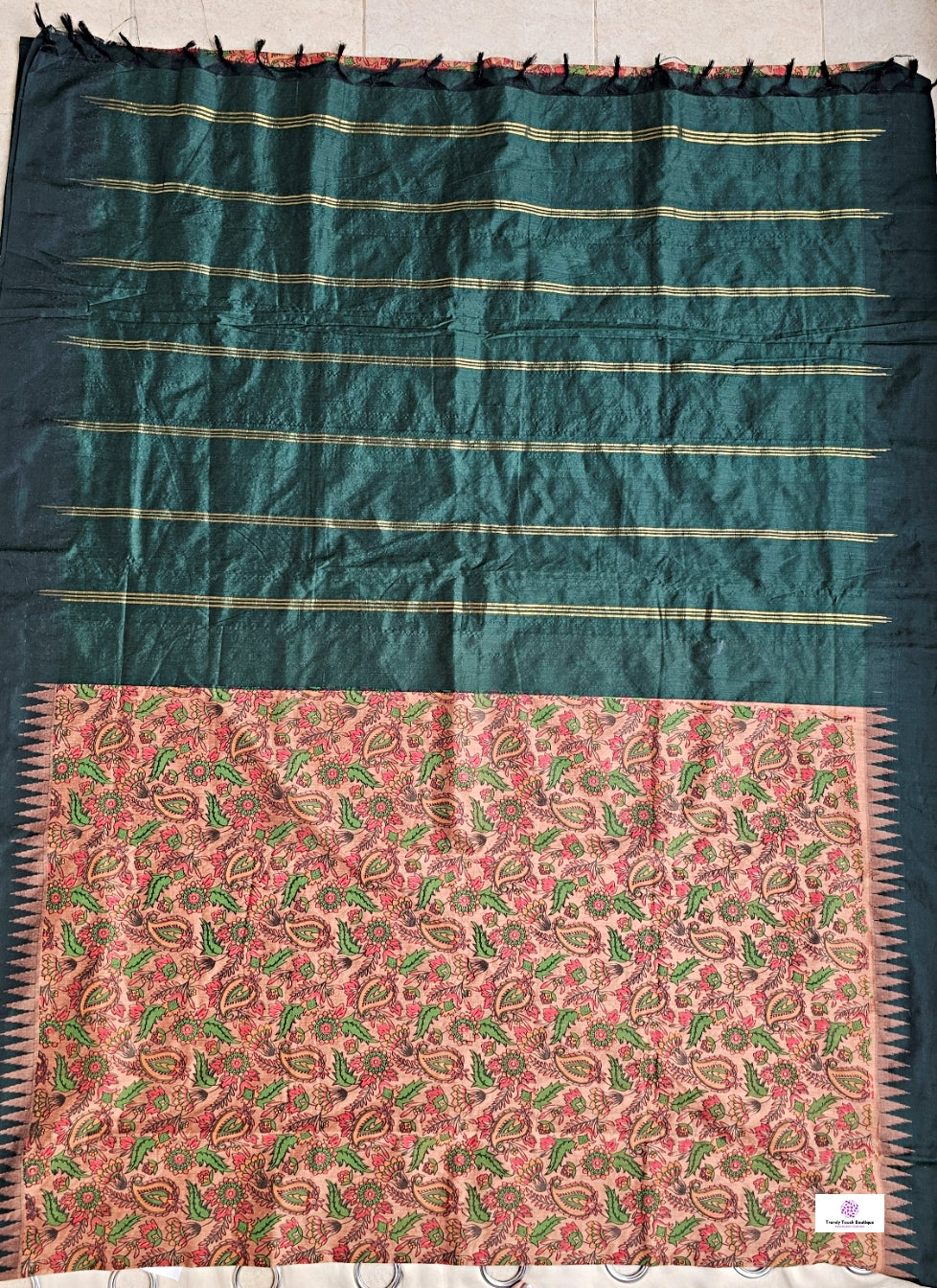 kalyani cotton gadwal kalamkari print peach green saree with temple border is lightweight for office and special function with blouse piece best price