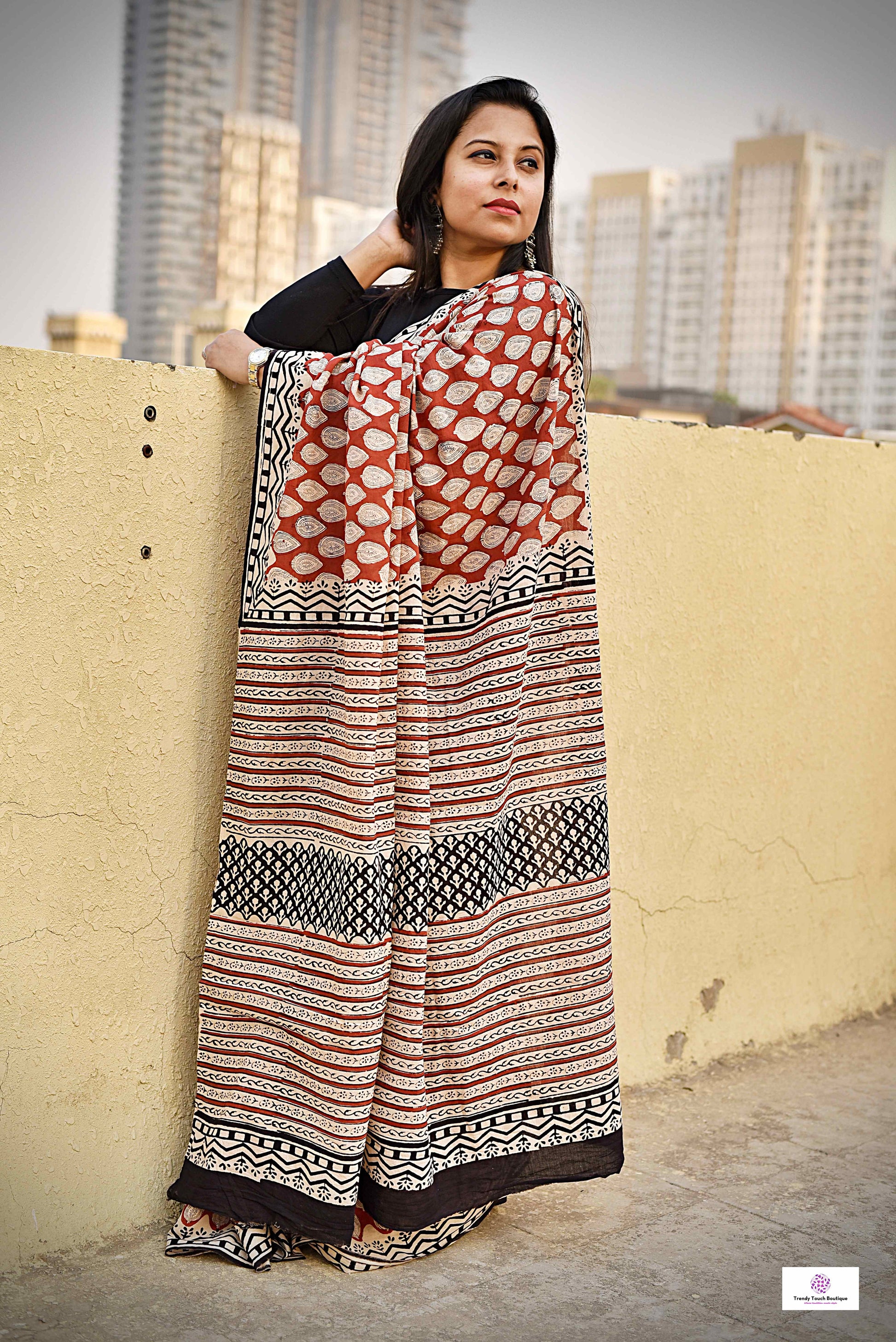 red black beige handblockprinted mulcotton saree best summer fabric saree for office and casual styling with blouse piece best price