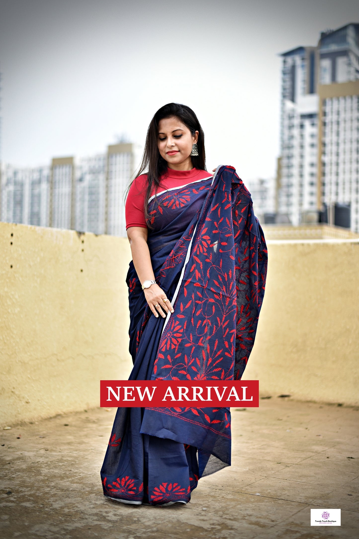 kantha handembroidered midnight blue red cotton silk saree for office styling and summer celebrations with blouse piece best summer fabric