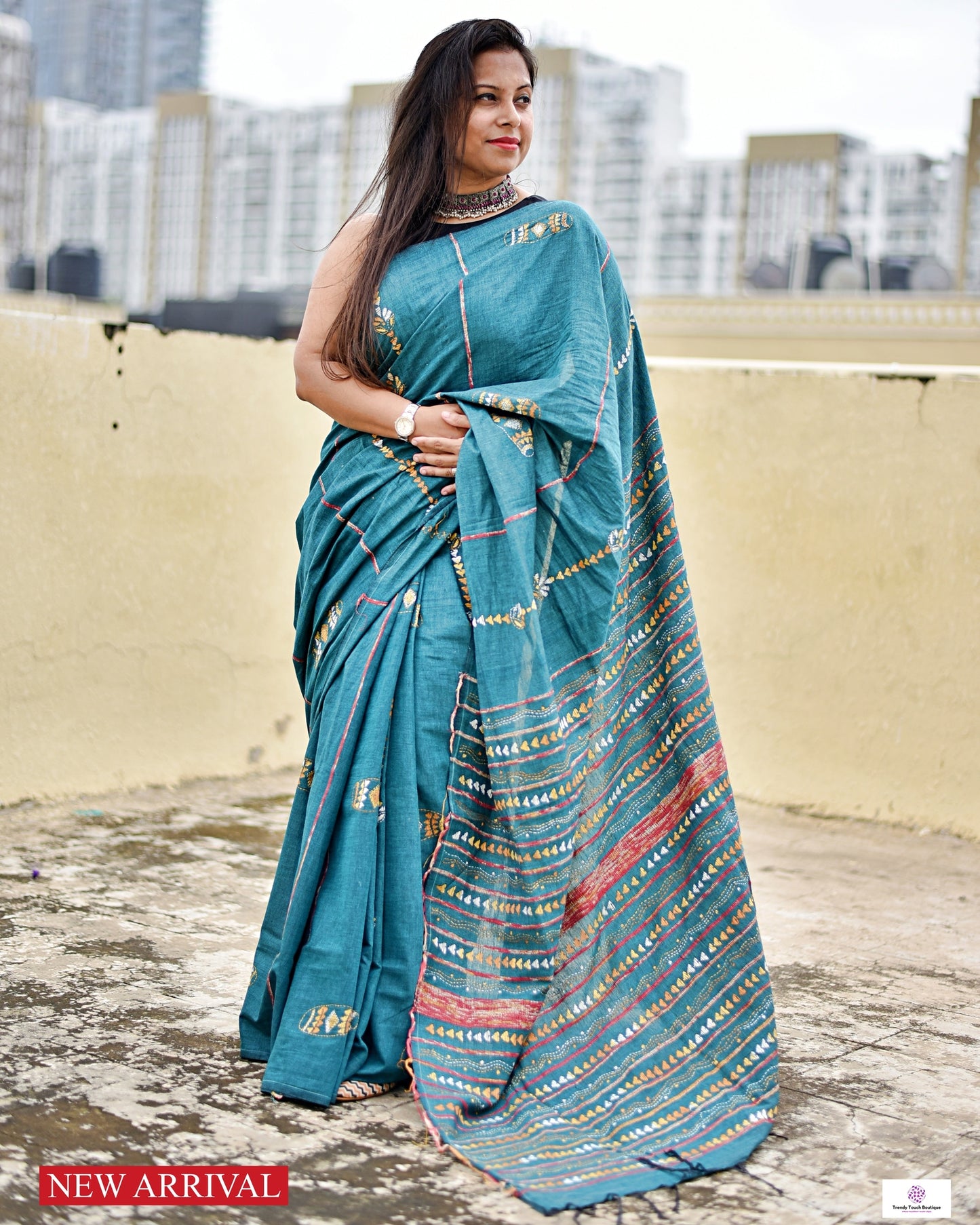 RANGEEN - KANTHA HAND EMBROIDERED - KHESH KHADI COTTON SAREE