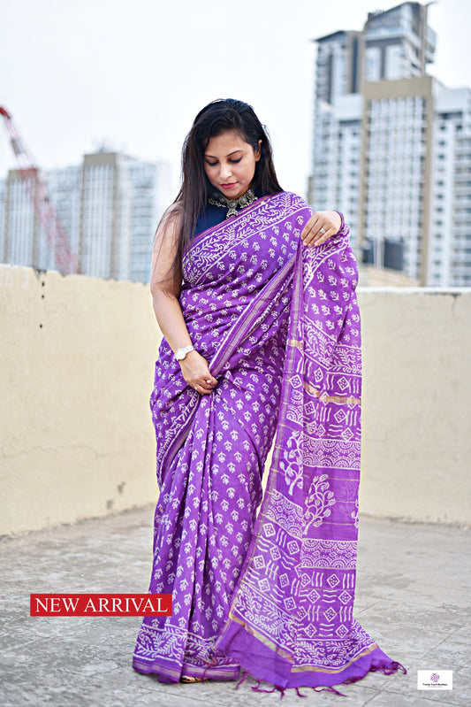 violet chanderi silk saree with zari border handblock print summer fabric best price with blouse piece office wear and casual styling party wear saree