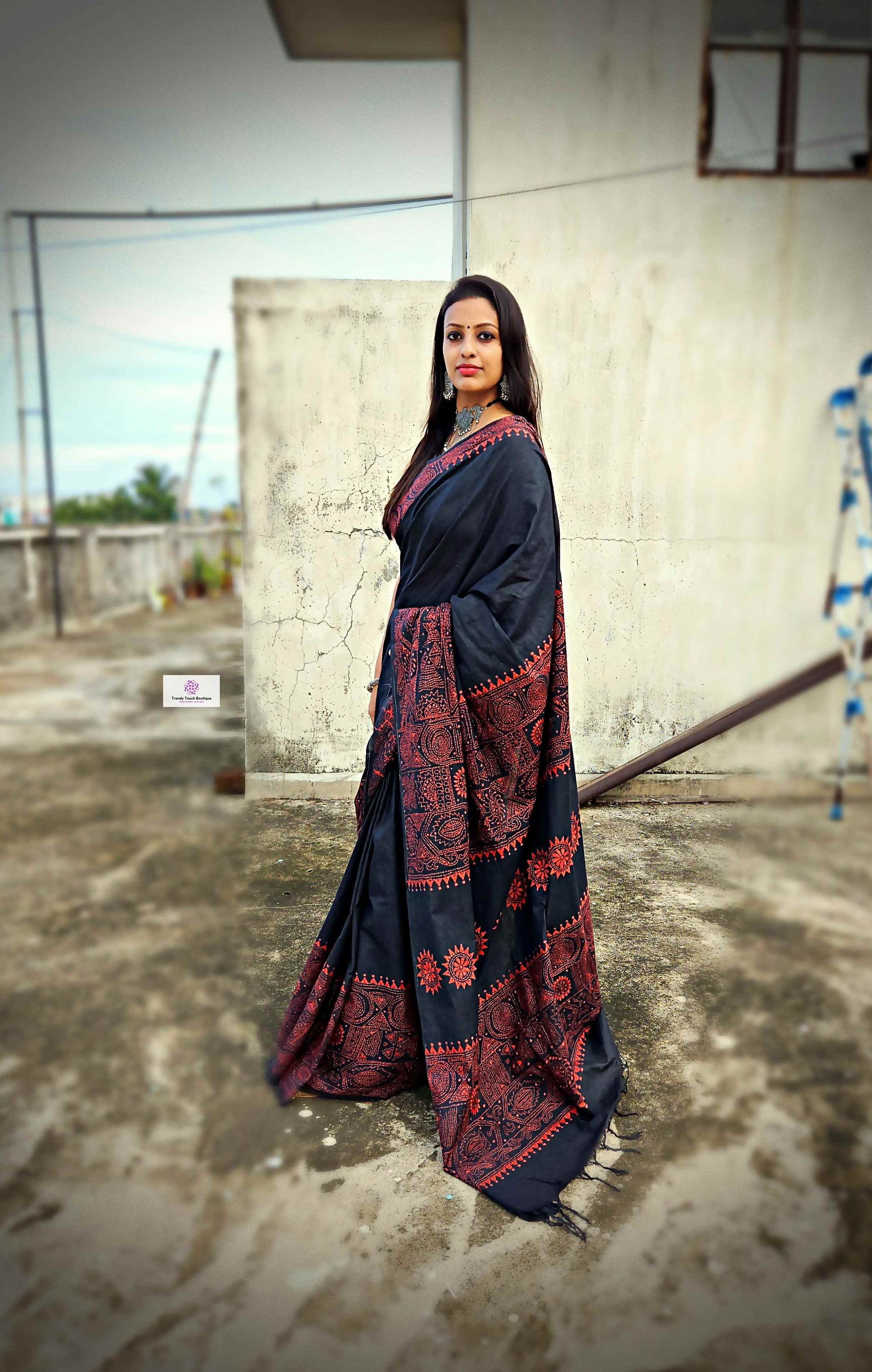 Khadi cotton handloom black saree with orange thread kantha hand embroidered best summer fabric for formal and casual styling marriage functions and family events with blouse piece best price