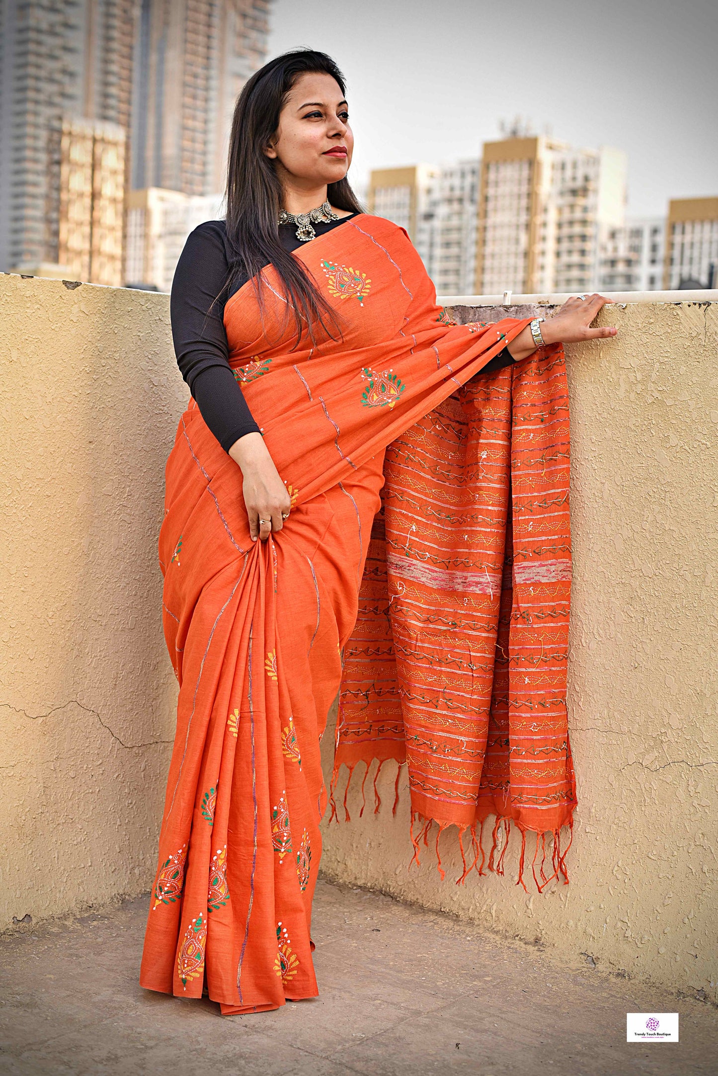 Orange green yellow white khesh khadi cotton handloom saree with hand embroidered kantha stitch summer celebration marriage function saree style with blouse piece 