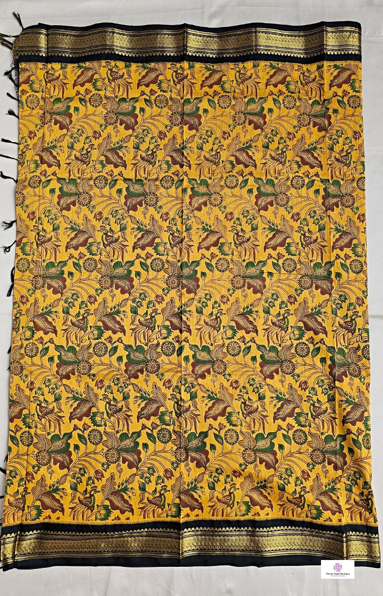 kalyani cotton gadwal kalamkari print yellow black saree lightweight for office and special function with blouse piece best price