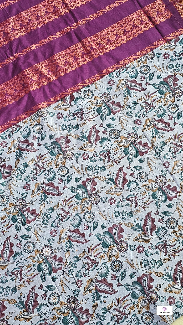 kalyani cotton gadwal kalamkari print  zari border lavendar magenta saree lightweight for office and special function with blouse piece best price