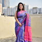 ikkat style digital print blue yellow dual tone and pink pallu soft silk saree for special function, puja and bridal ocassion with blouse piece best price