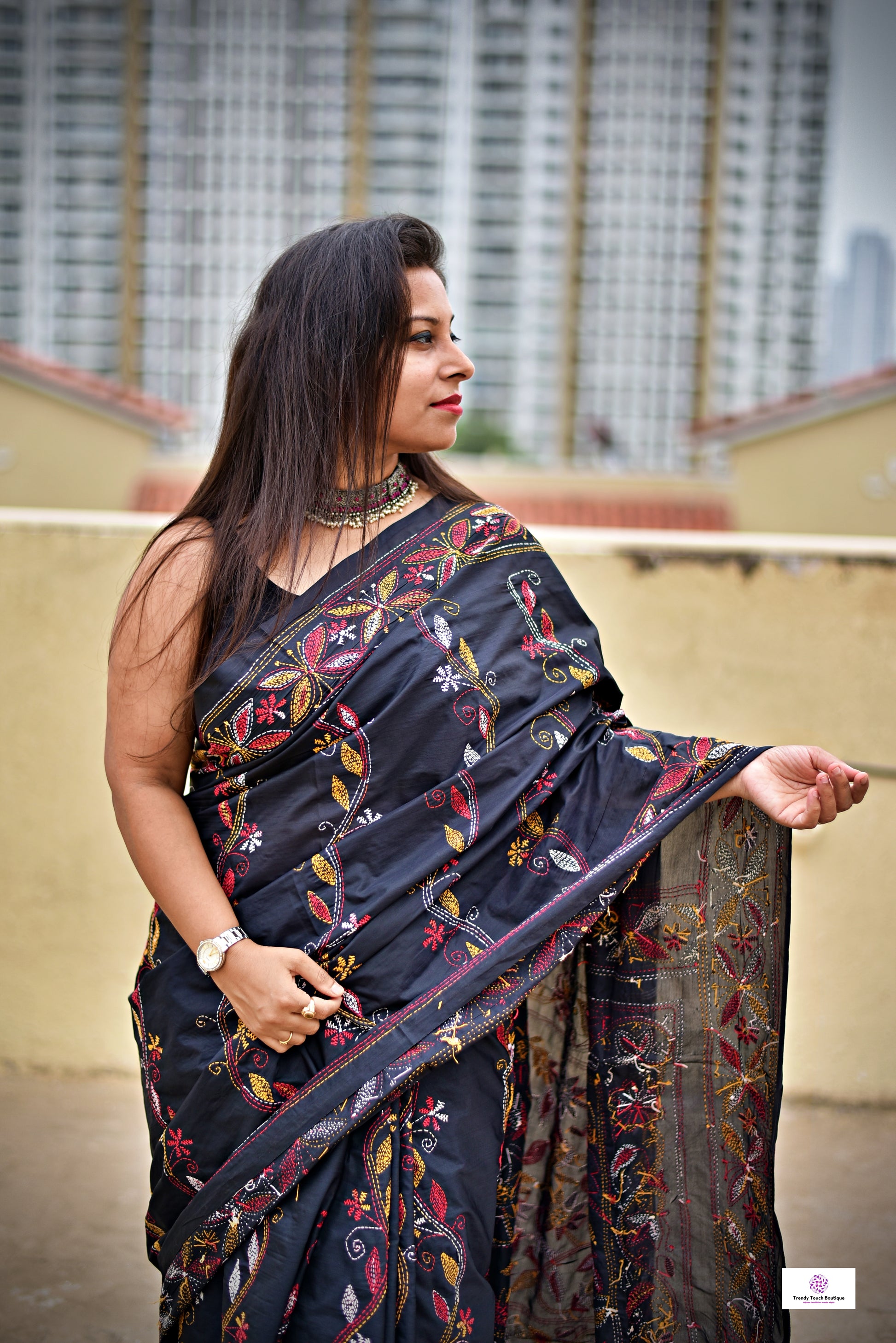 Kantha handembroidered designer black bangalore art lightweight silk saree with floral work for wedding functions and office events