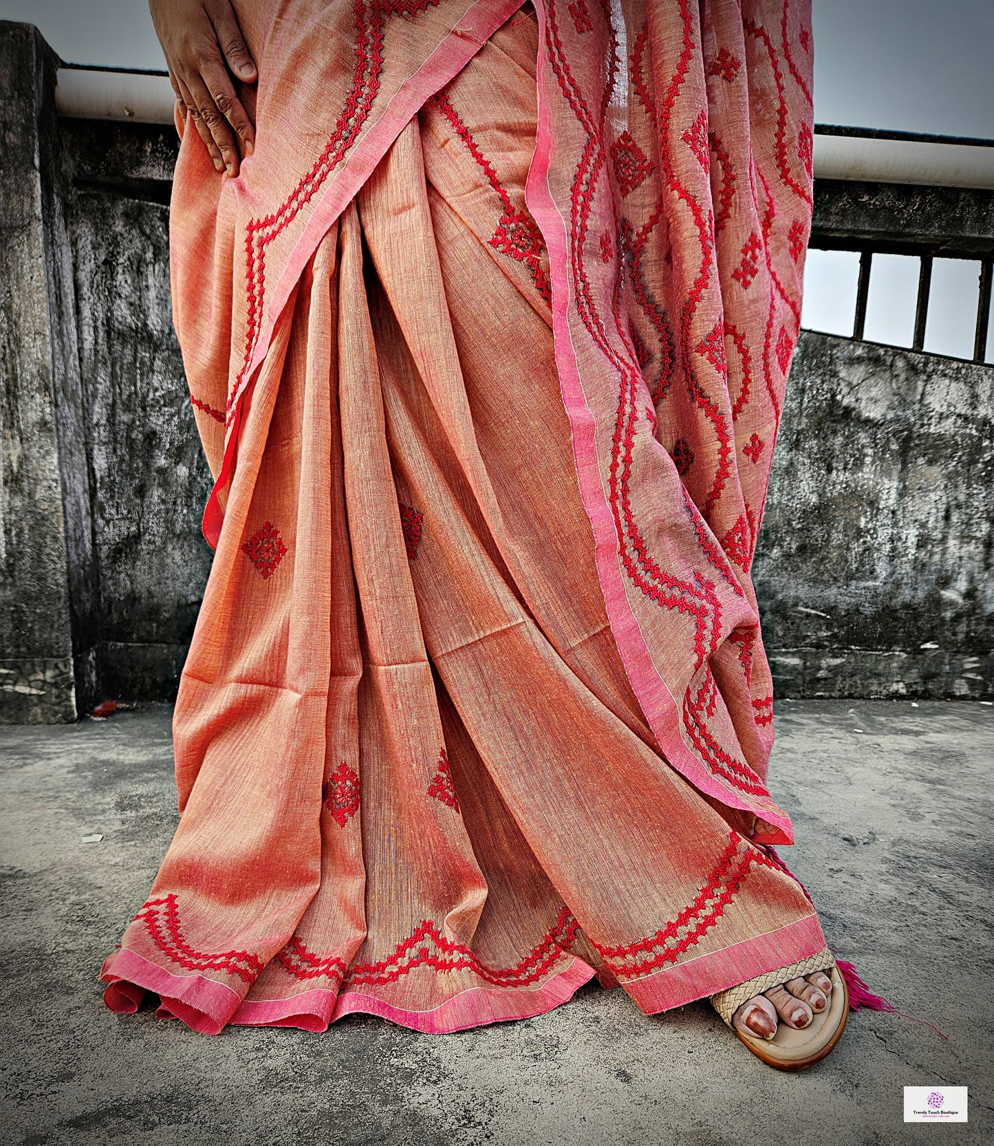 kutch handembroidered mulcotton designer saree for summer parties and functions red and pink