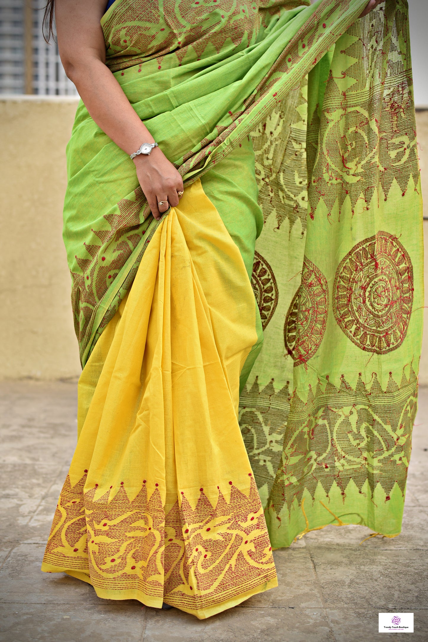 green yellow khadi cotton kantha handembroidered designer saree best summer fabric wedding and casual celebration get together with blouse piece best price