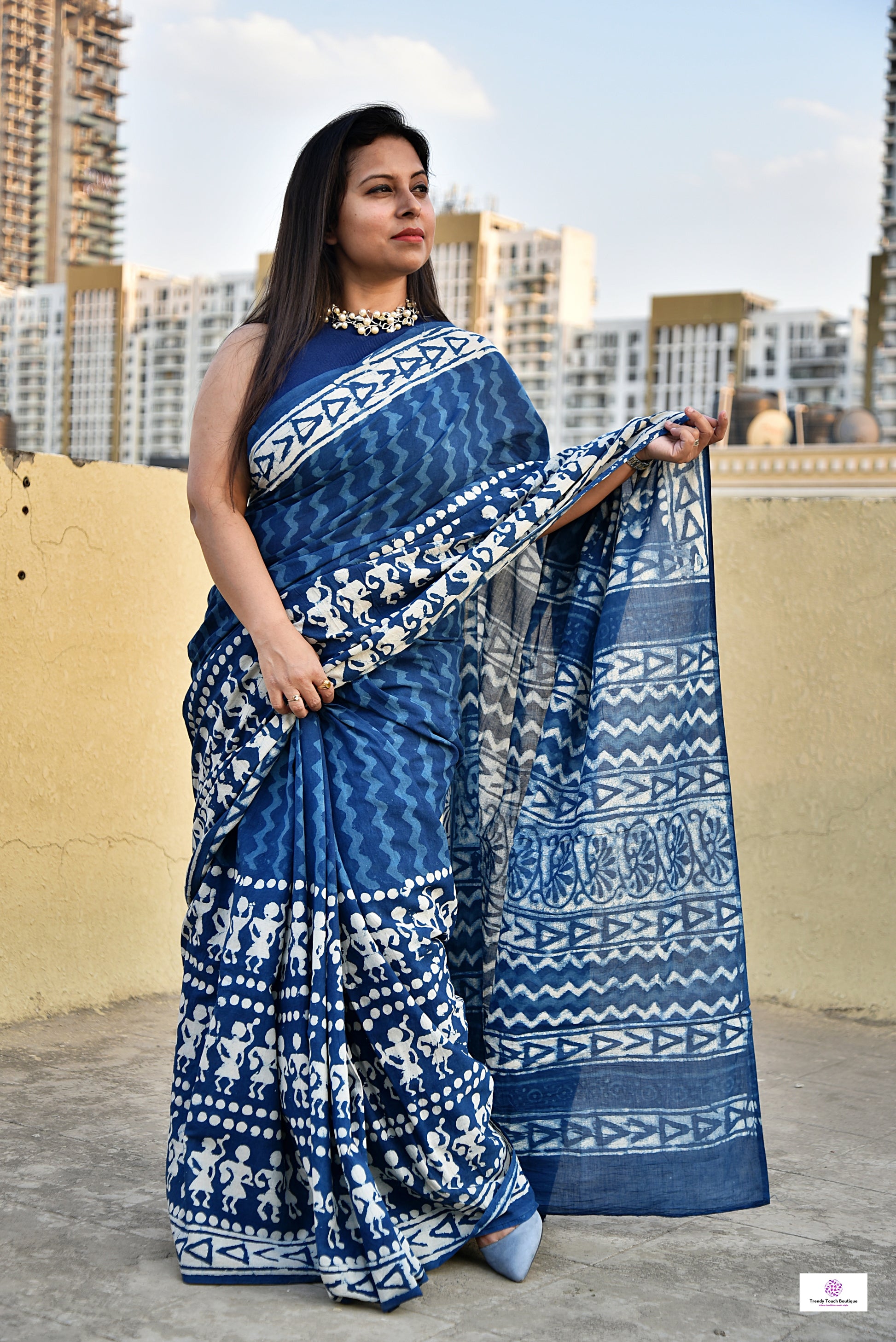 indigo blue handblock print mul cotton saree for summer office wear daily use saree best price