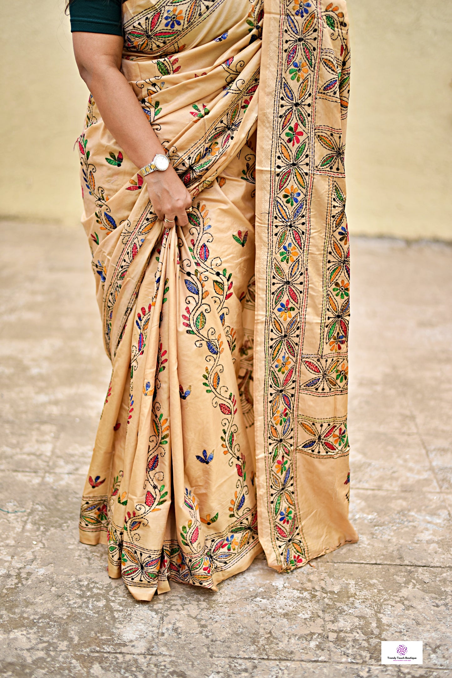 kantha handembroidered floral designer blended bangalore silk saree with blouse piece in beige best for wedding functions and office events lightweight saree best price