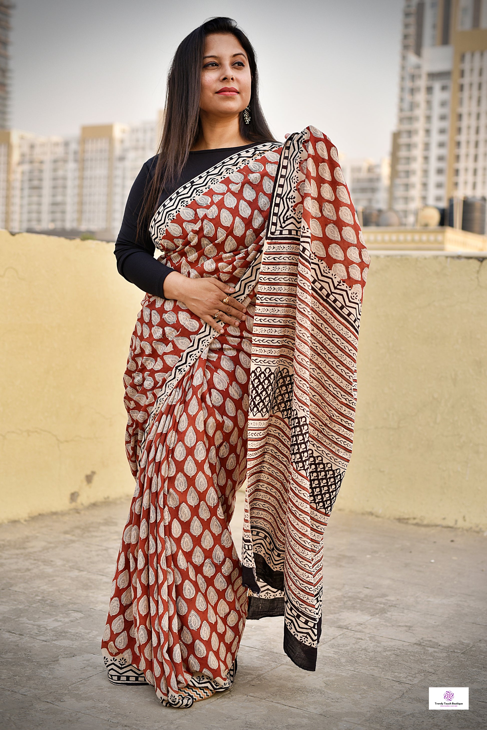 red black beige handblockprinted mulcotton saree best summer fabric saree for office and casual styling with blouse piece best price