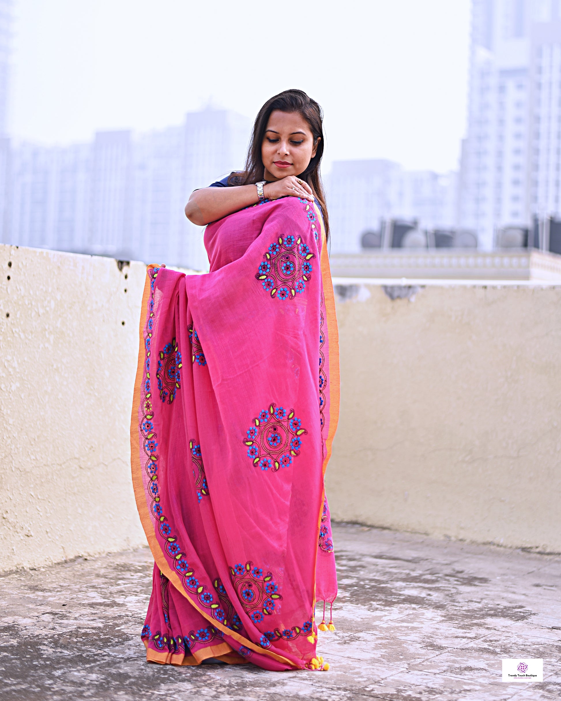 kantha handembroidered pink mulcotton saree with yellow tassel for office wear and casual outing wedding and special functions with blouse piece best price