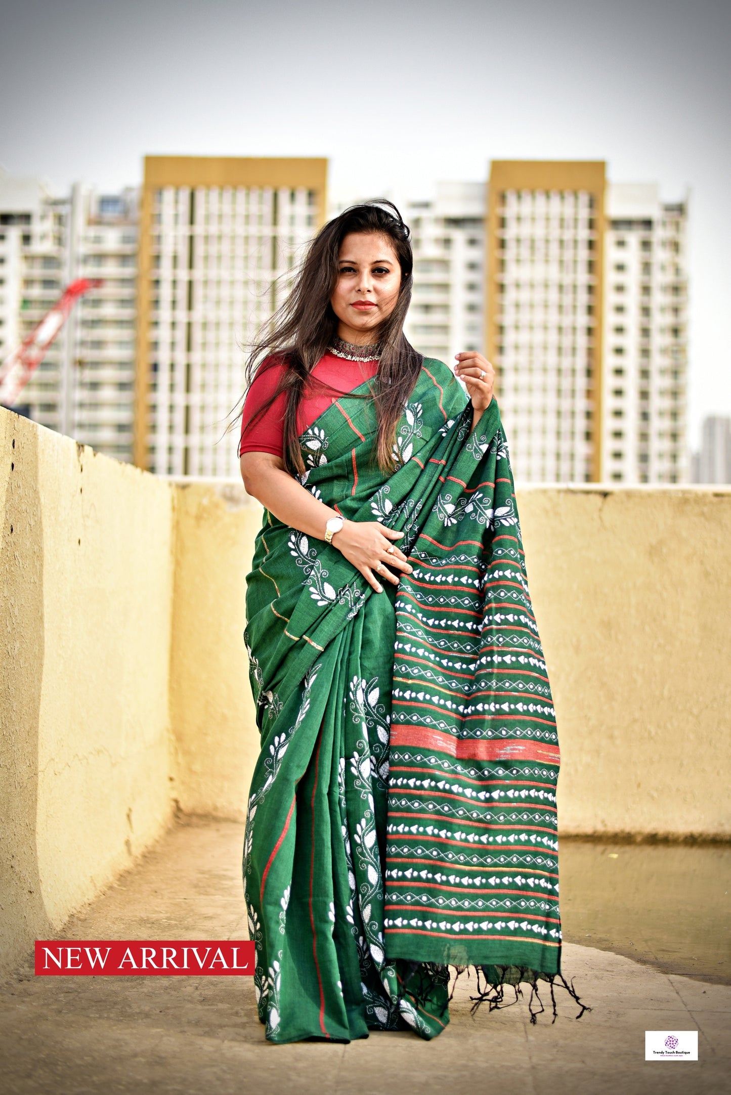 GREEN TENDRILS - KANTHA HAND EMBROIDERED - KHESH KHADI COTTON SAREE