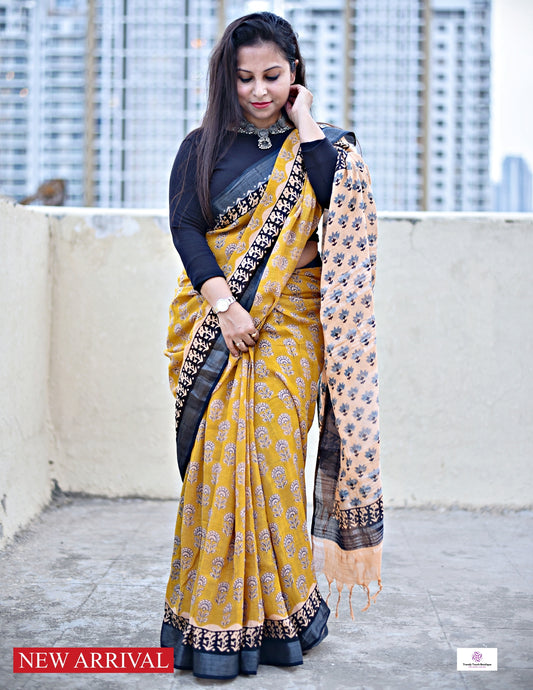 HONEY DEW - HANDBLOCK PRINT - LINEN SAREE