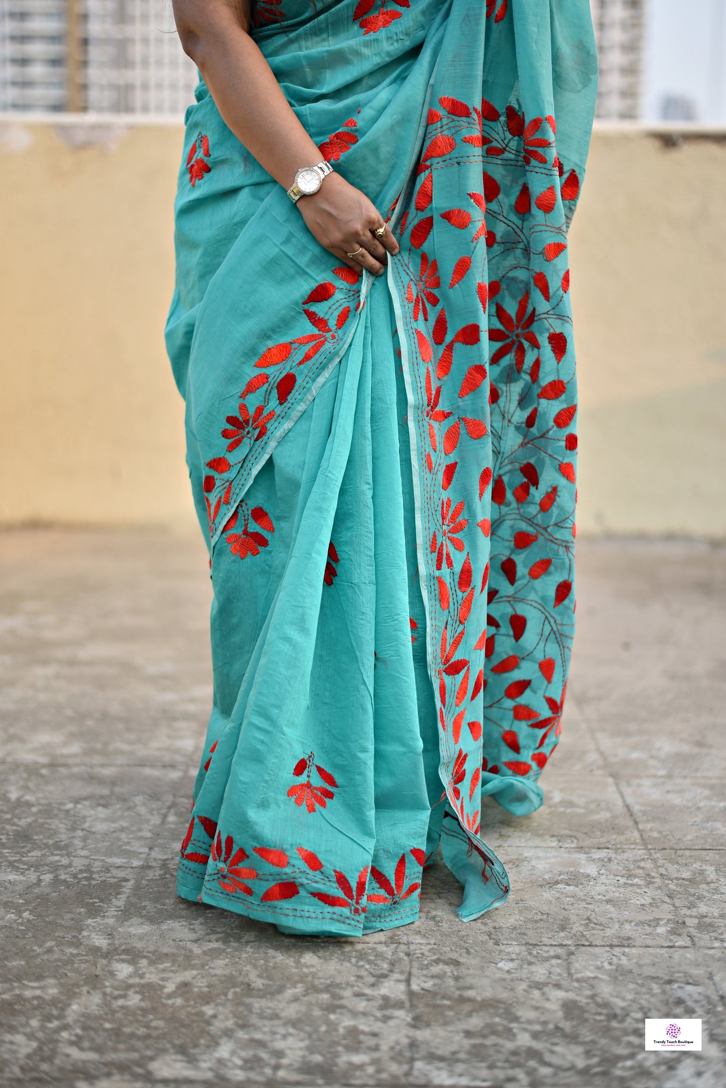 kantha handembroidered teal green and maroon designer cotton silk saree for office and summer celebration styling with blouse piece best price