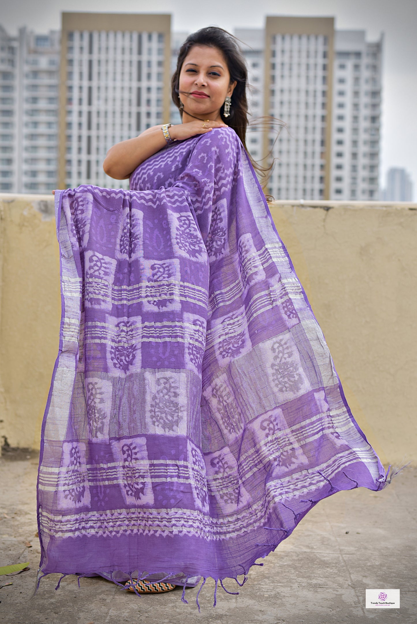  best summer handwoven handloom fabric handblock print organic slub linen saree violet lavender mauve purple color at best price online with blouse piece for office wear or everyday styling!