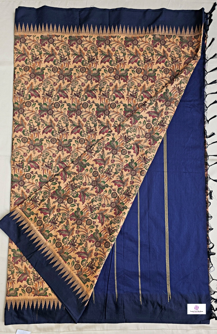 kalyani cotton gadwal kalamkari print peach blue saree with temple border is lightweight for office and special function with blouse piece best price