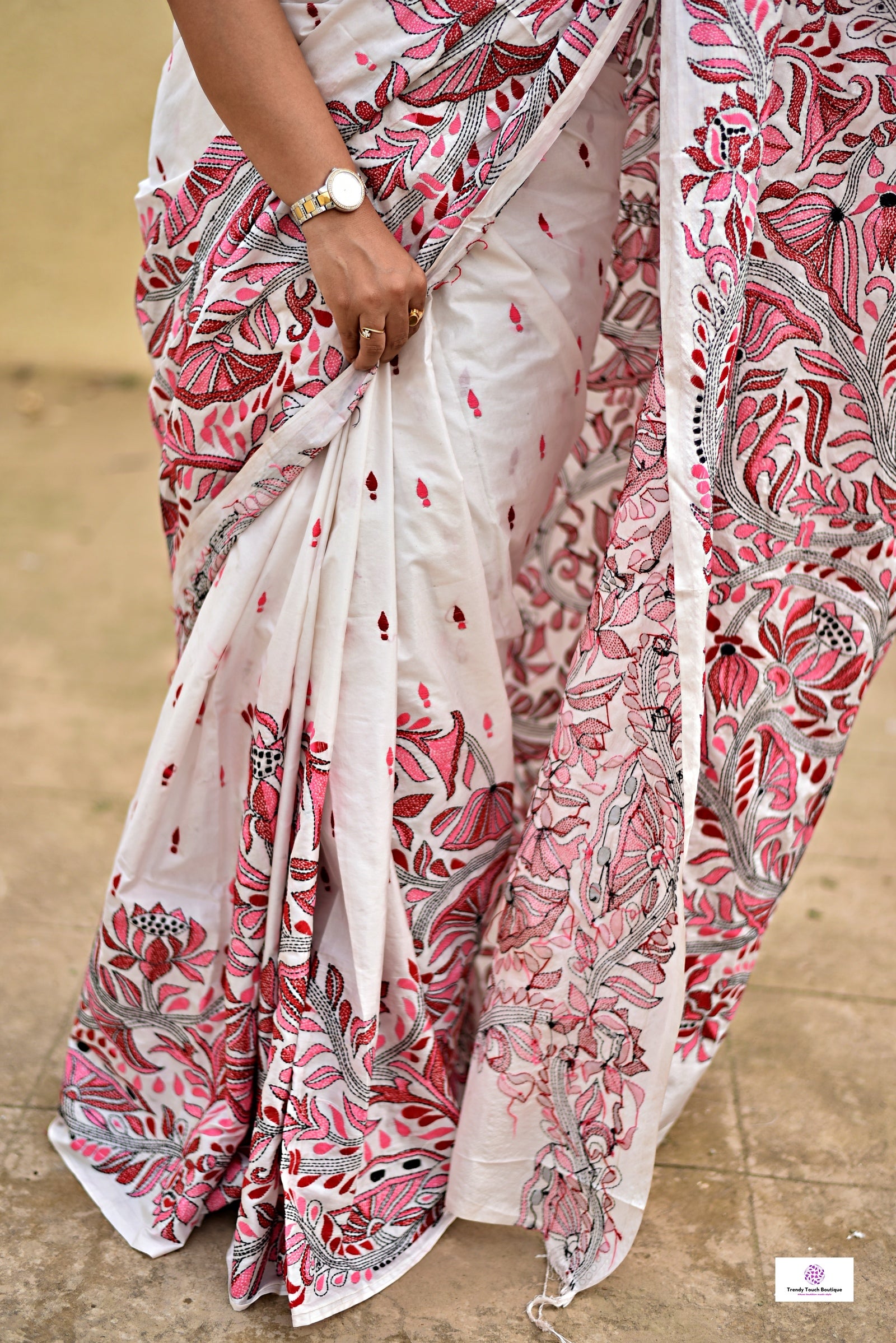 kantha hand embroidered designer bangalore art silk saree white with lotus kantha work in red maroon pink and black best summer fabric blouse piece for wedding functions and special celebrations style festive wear saree