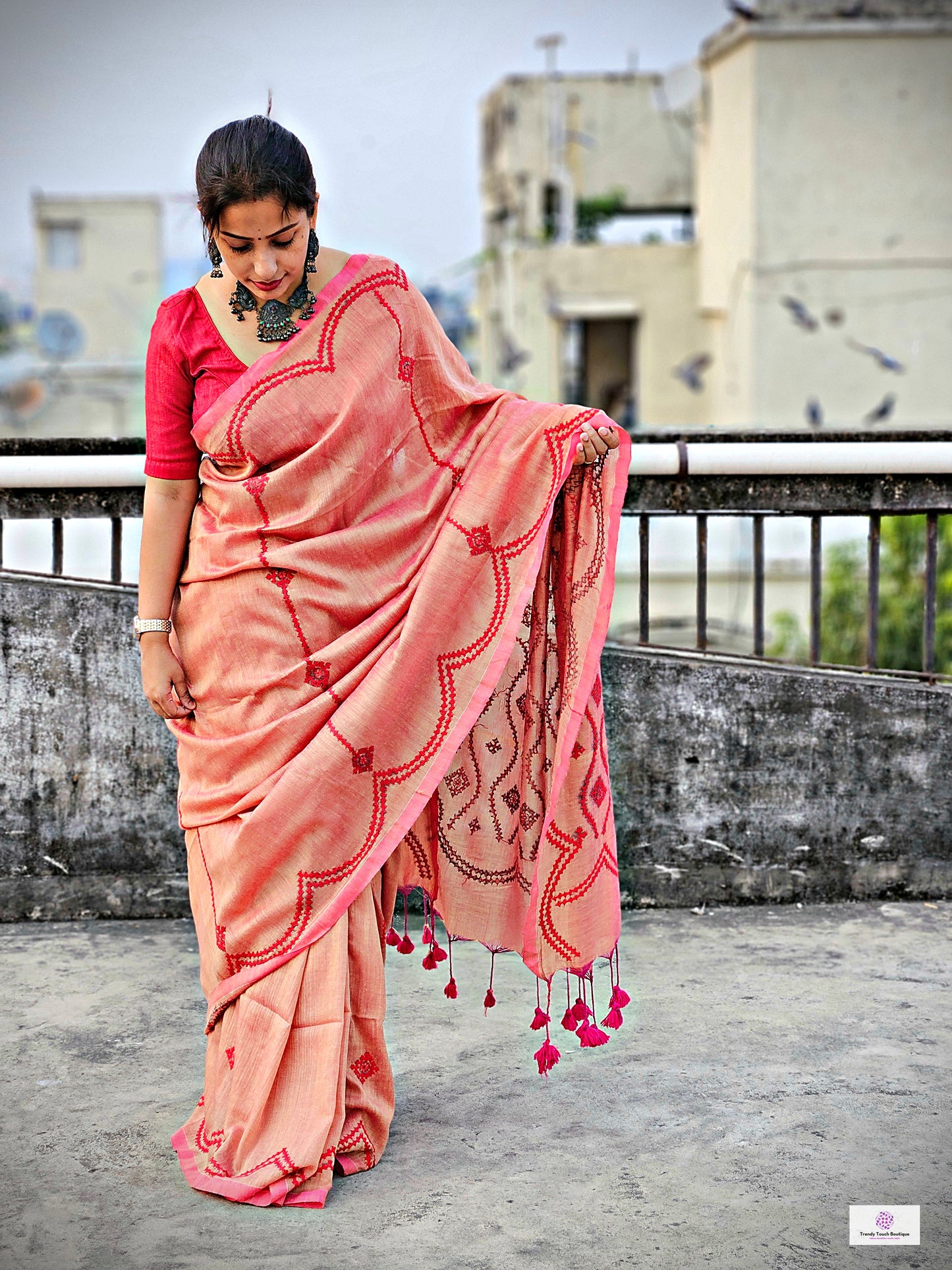 kutch handembroidered mulcotton designer saree for summer parties and functions red and pink