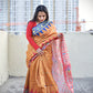 Yellow red blue semi tussar silks saree in ikkat digital print saree for regular wear and casual function office for women with blouse piece and best price