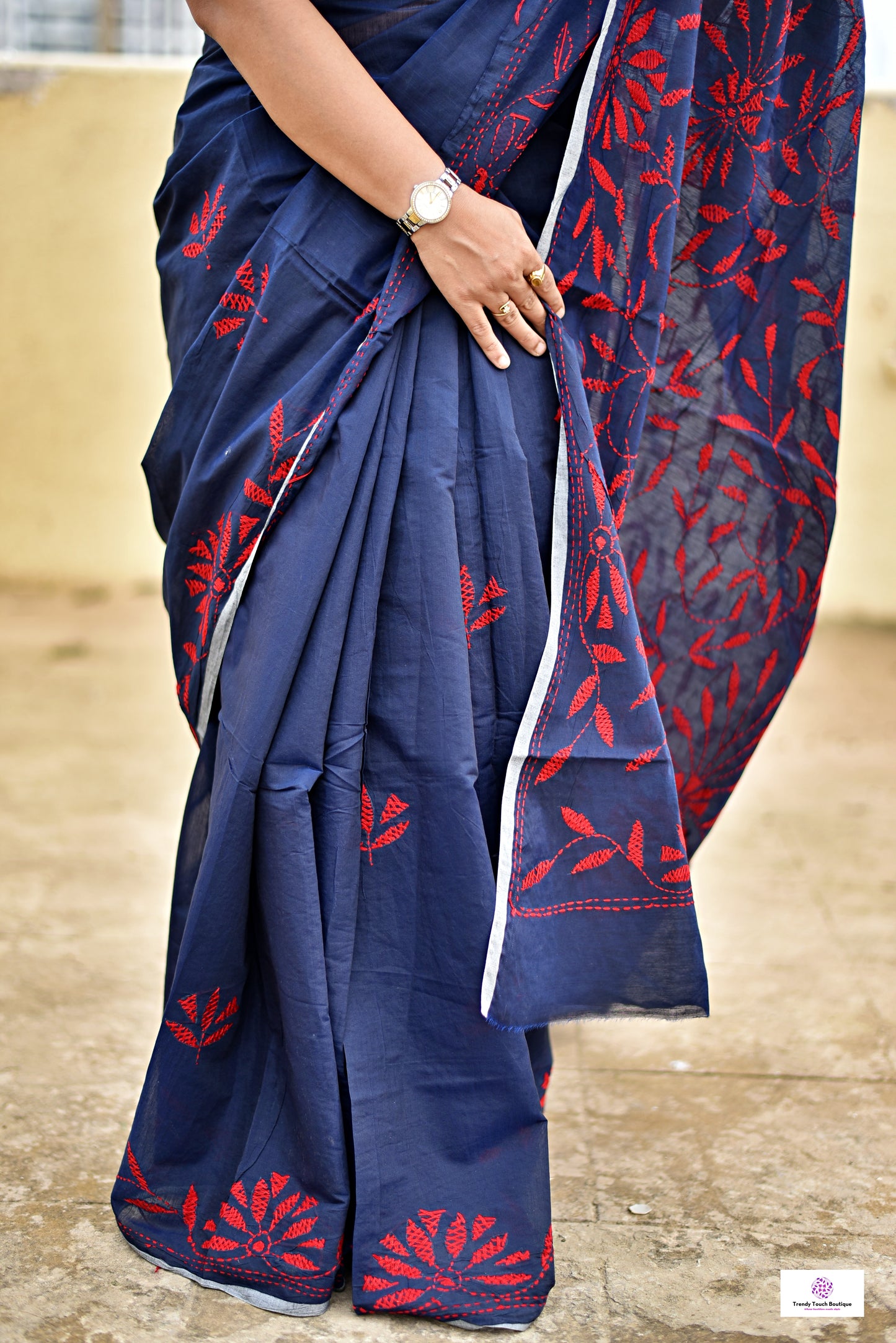 kantha handembroidered midnight blue red cotton silk saree for office styling and summer celebrations with blouse piece best summer fabric