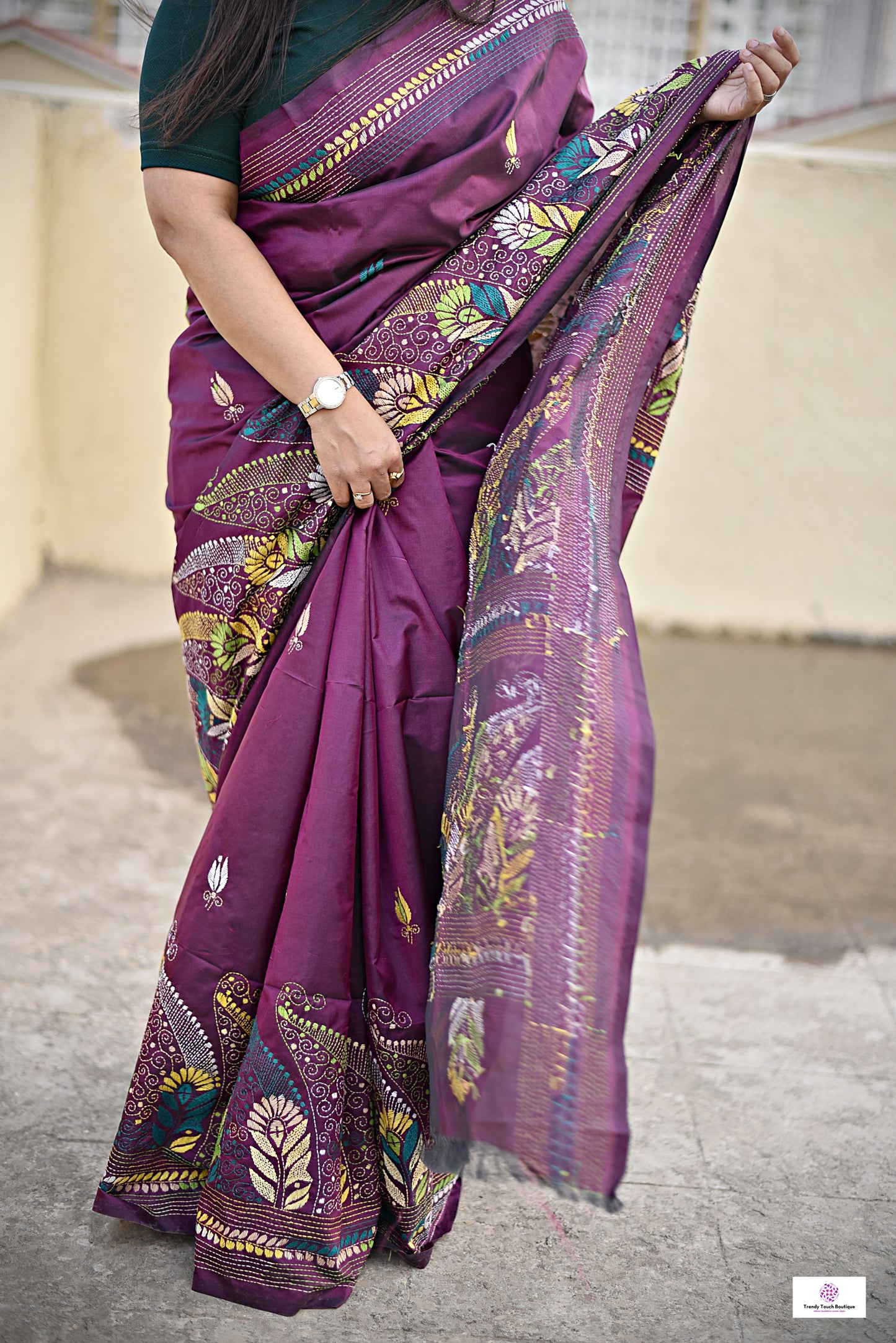 Magenta color designer handembroidered bangalore art silk saree with kantha handembroidery in white, green, yellow threads perfect for summer weddings and casual functions with blouse piece best summer fabric