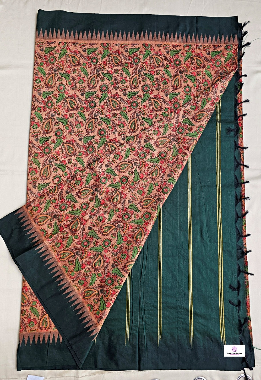 kalyani cotton gadwal kalamkari print peach green saree with temple border is lightweight for office and special function with blouse piece best price