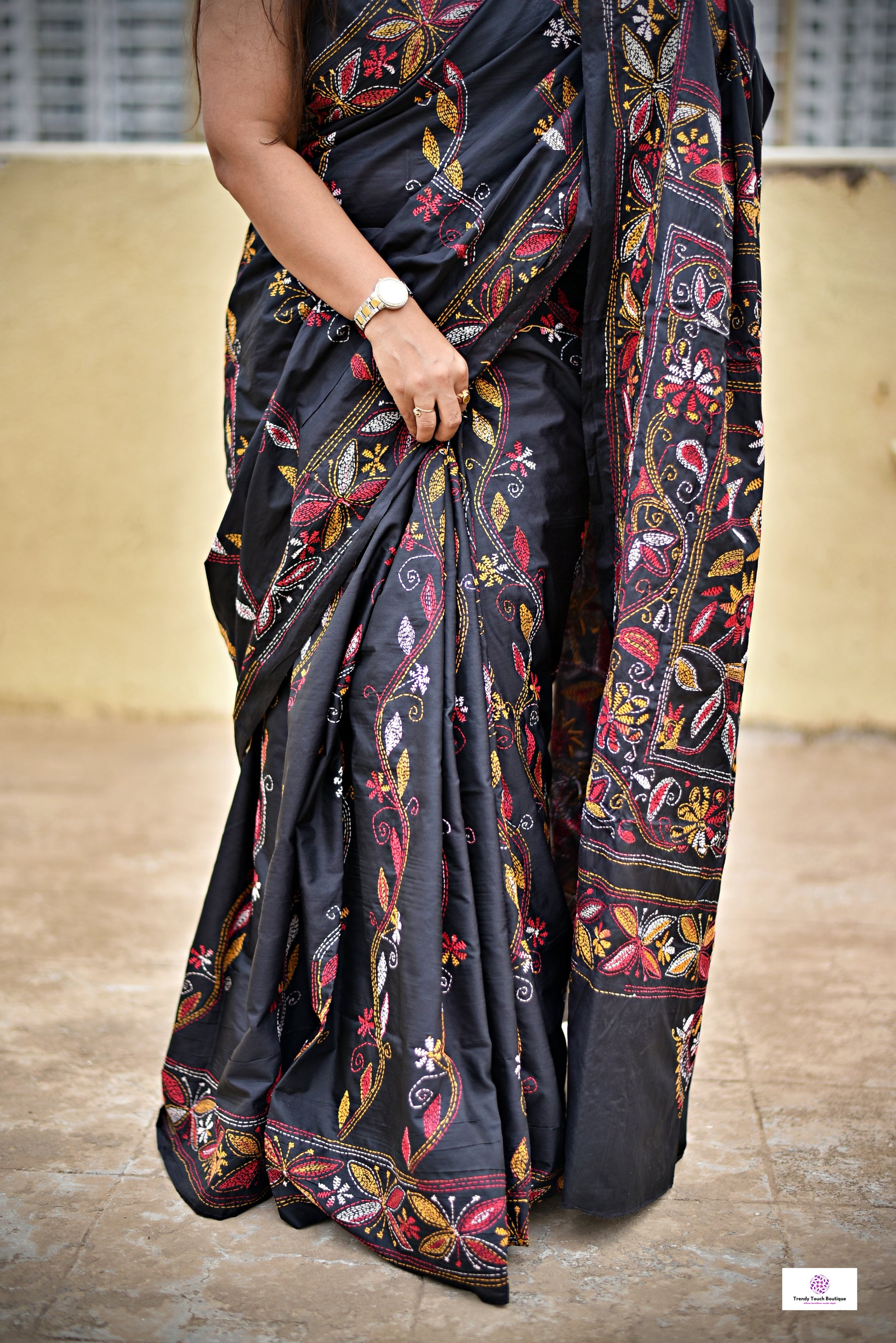 Kantha handembroidered designer black bangalore art lightweight silk saree with floral work for wedding functions and office events