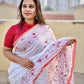 Kantha stitch white and red lightweight soft mulcotton designer saree with blouse piece for office or casual function or wedding in best price