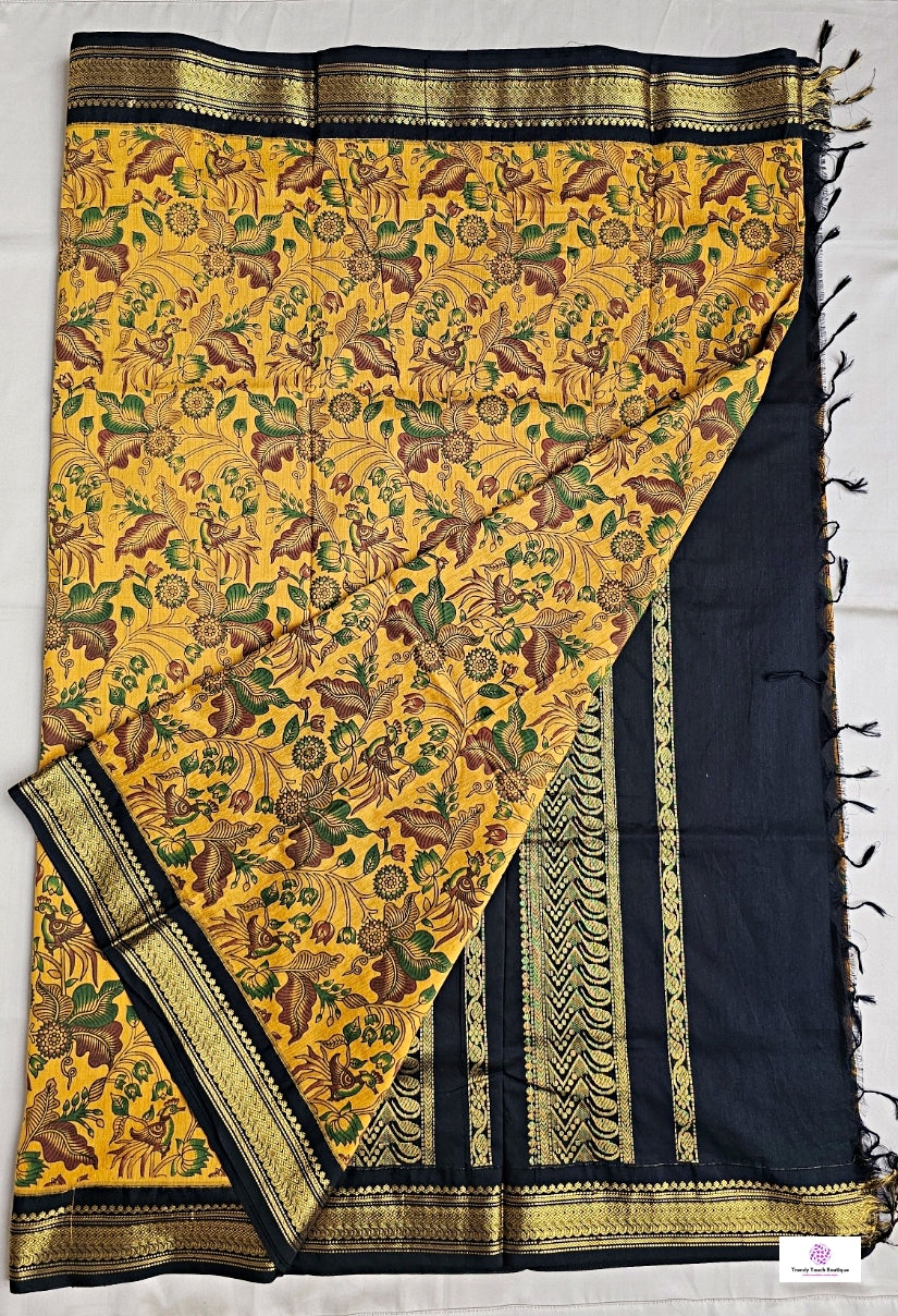 kalyani cotton gadwal kalamkari print yellow black saree lightweight for office and special function with blouse piece best price