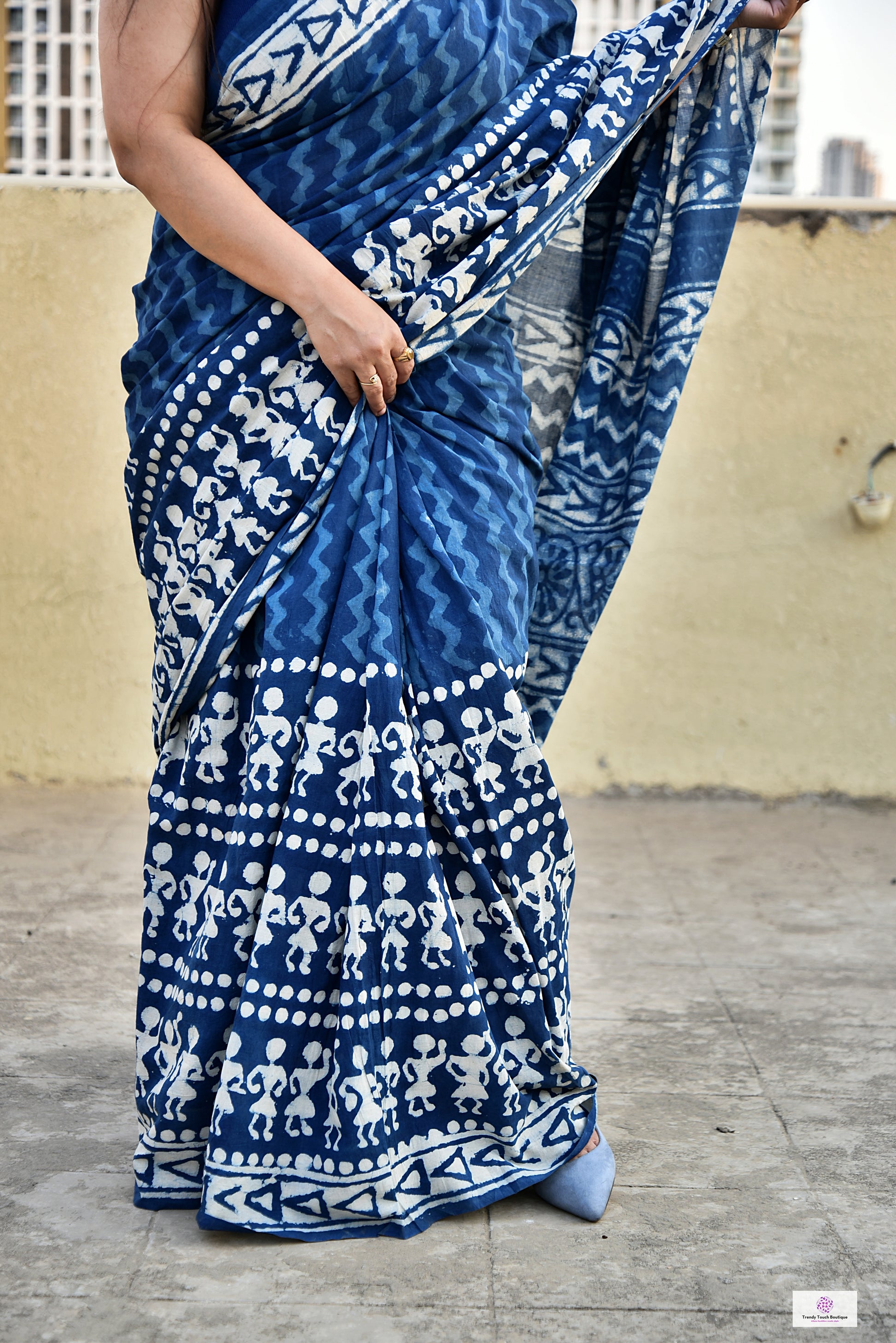 indigo blue handblock print mul cotton saree for summer office wear daily use saree best price