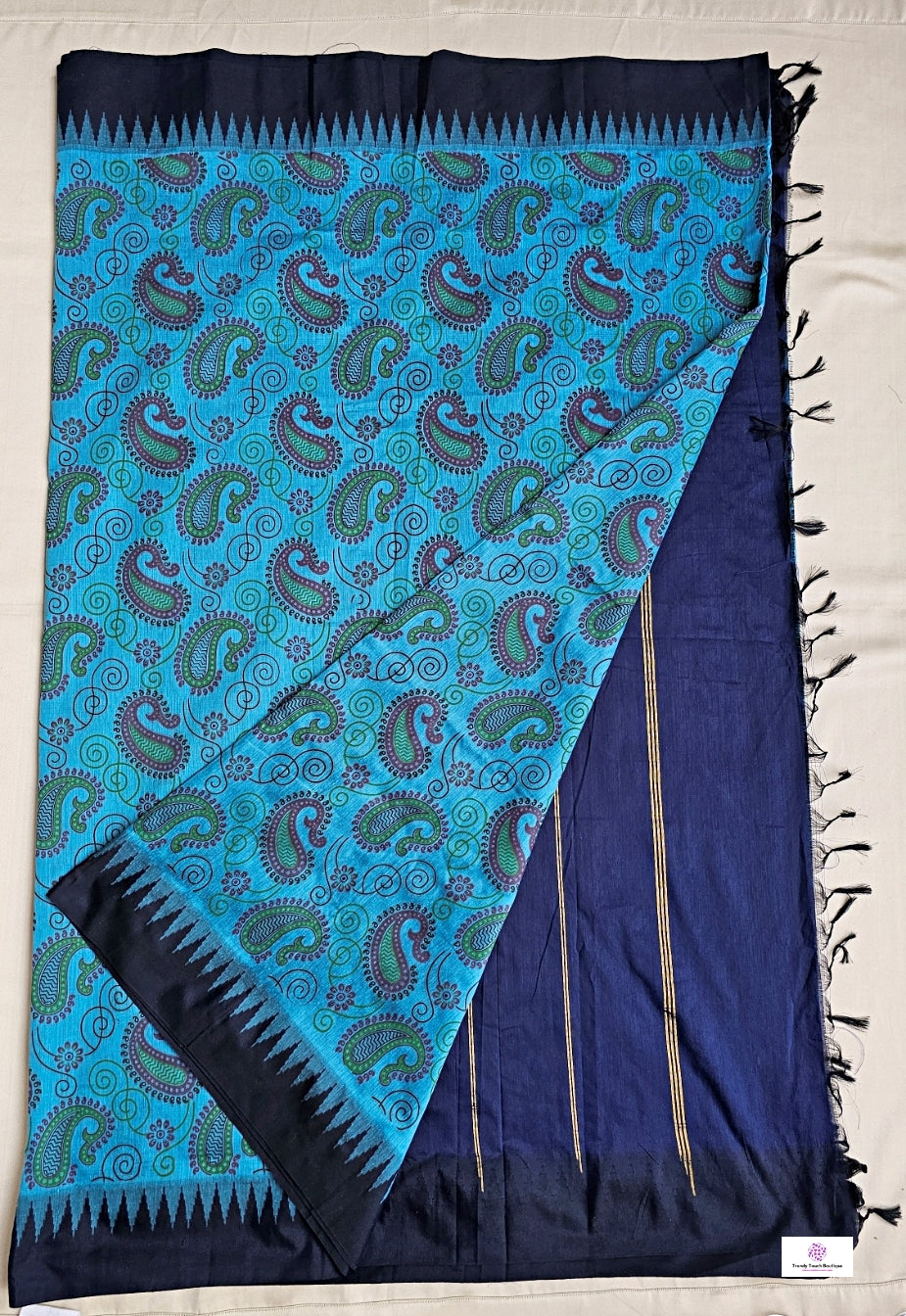 kalyani cotton gadwal kalamkari print blue saree with temple border is lightweight for office and special function with blouse piece best price