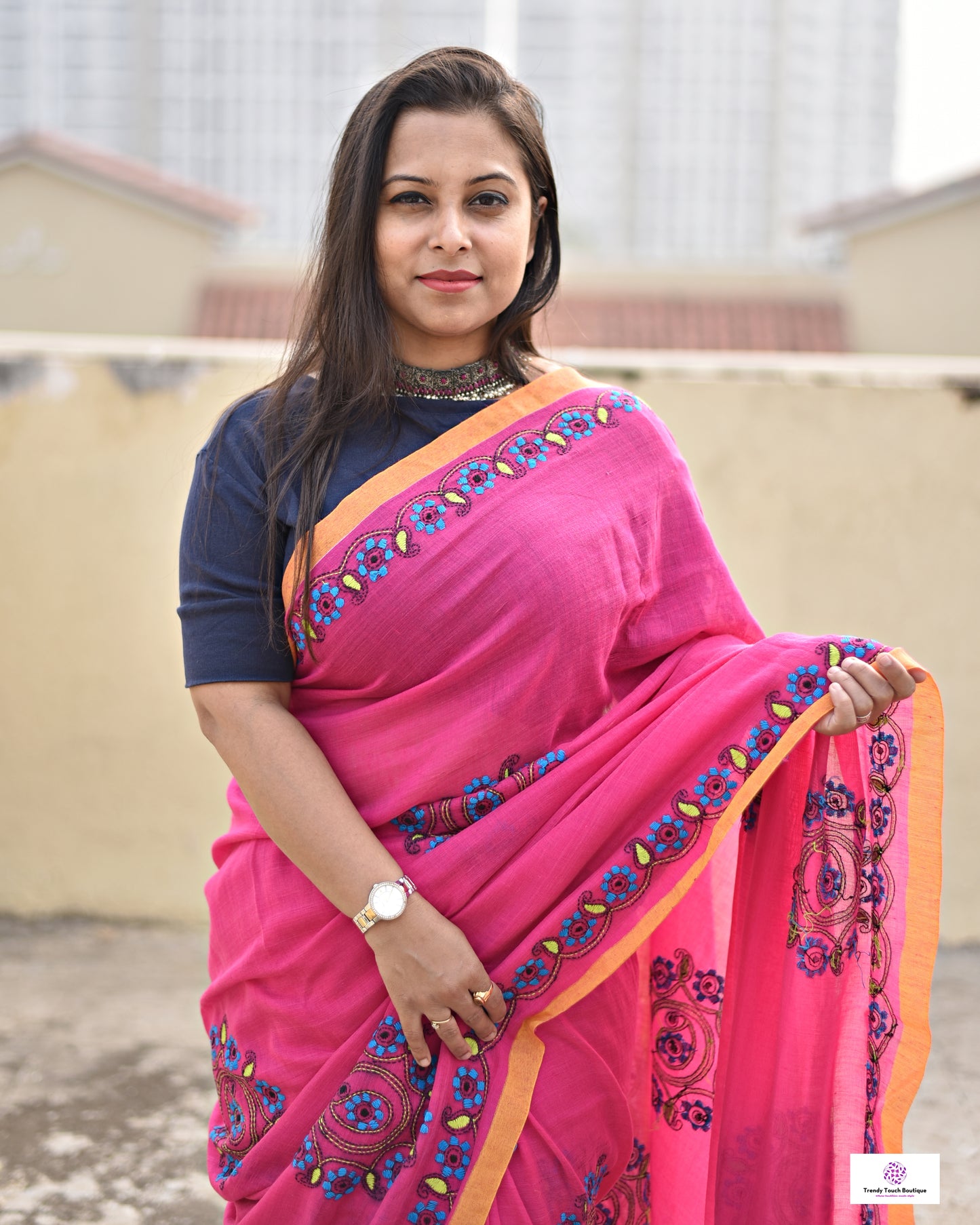 kantha handembroidered pink mulcotton saree with yellow tassel for office wear and casual outing wedding and special functions with blouse piece best price