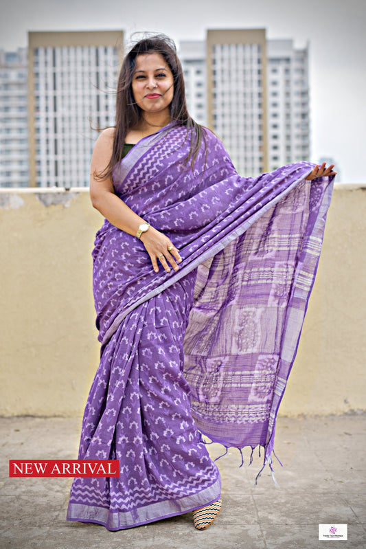  best summer handwoven handloom fabric handblock print organic slub linen saree violet lavender mauve purple color at best price online with blouse piece for office wear or everyday styling!