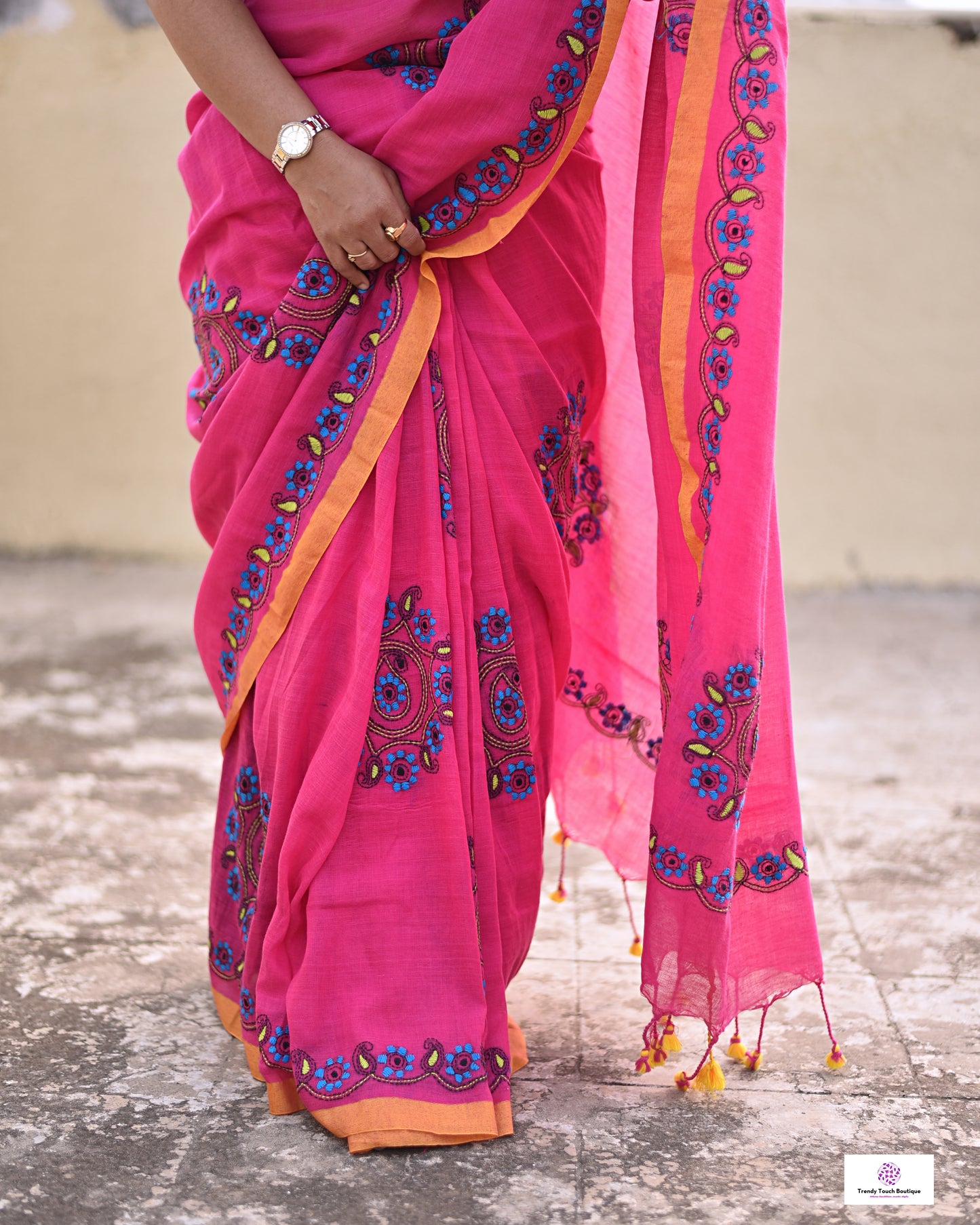 kantha handembroidered pink mulcotton saree with yellow tassel for office wear and casual outing wedding and special functions with blouse piece best price