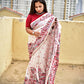 kantha hand embroidered designer bangalore art silk saree white with lotus kantha work in red maroon pink and black best summer fabric blouse piece for wedding functions and special celebrations style festive wear saree