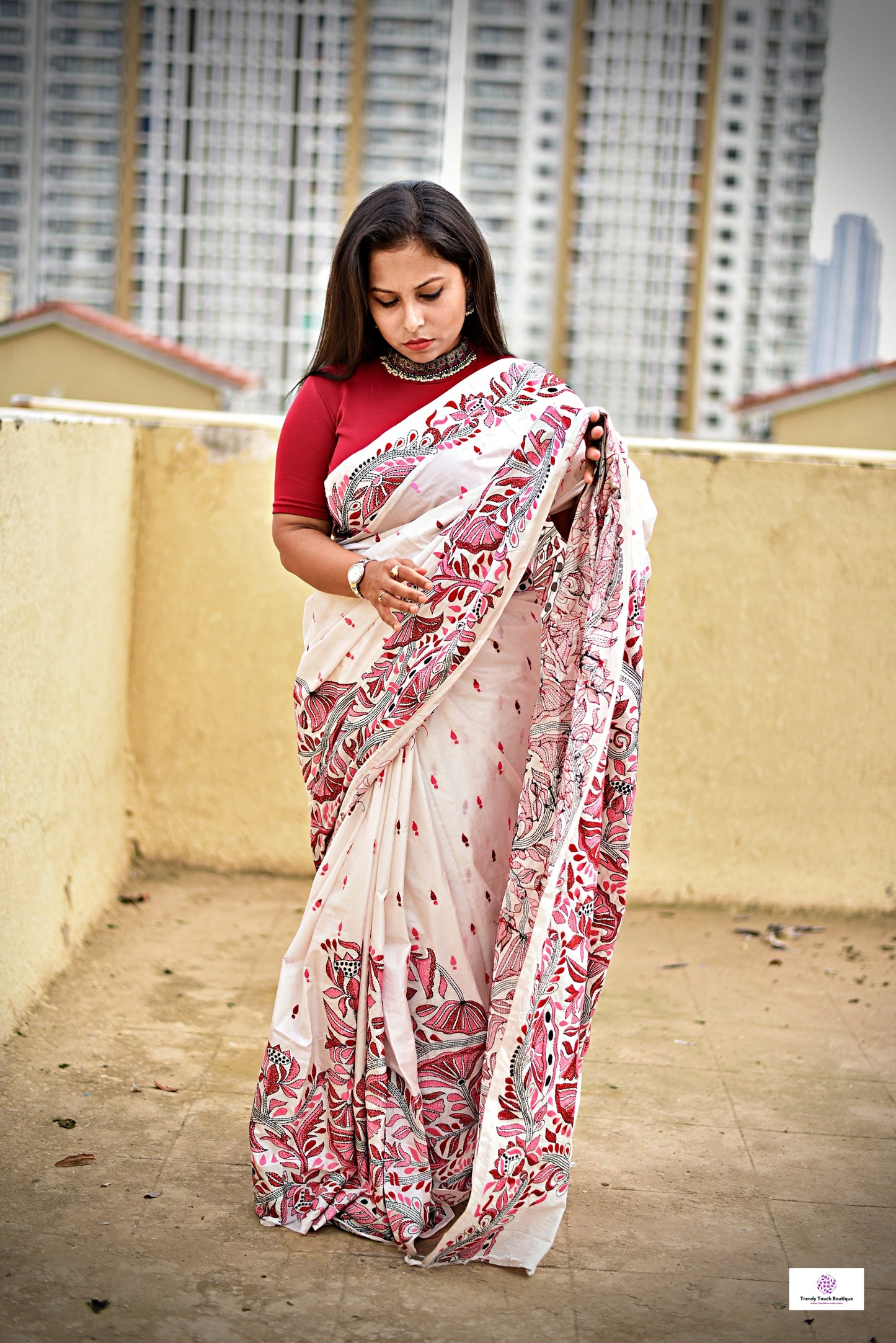 kantha hand embroidered designer bangalore art silk saree white with lotus kantha work in red maroon pink and black best summer fabric blouse piece for wedding functions and special celebrations style festive wear saree