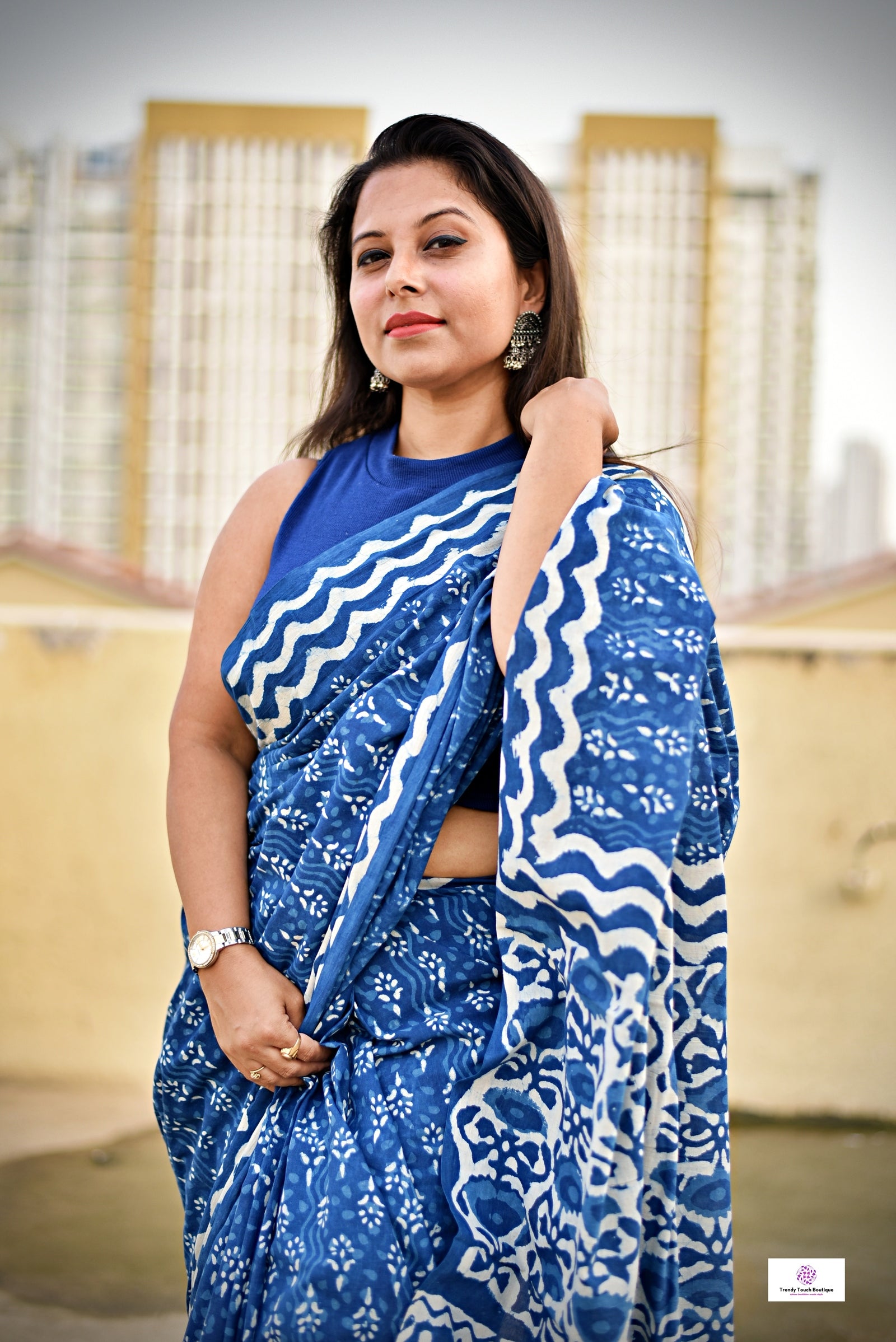 handblockprint mulcotton indigo saree office and casual wear best summer fabric in natural dye with zigzag and floral pattern with blouse piece