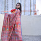 Yellow red blue semi tussar silks saree in ikkat digital print saree for regular wear and casual function office for women with blouse piece and best price