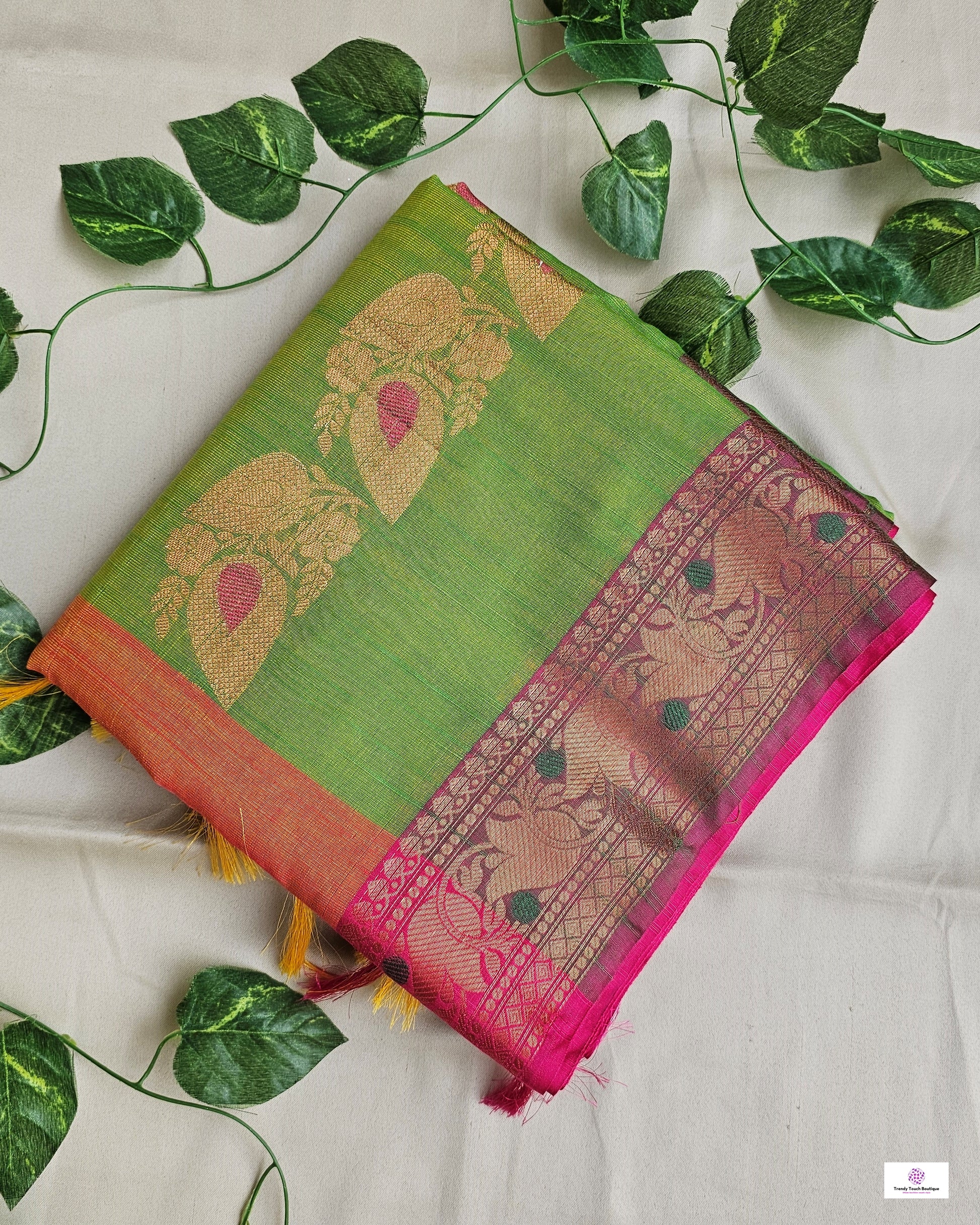 muga cotton banarasi saree in orange and green for wedding and bridal celebration and puja functions special ocassion with blouse piece and best price