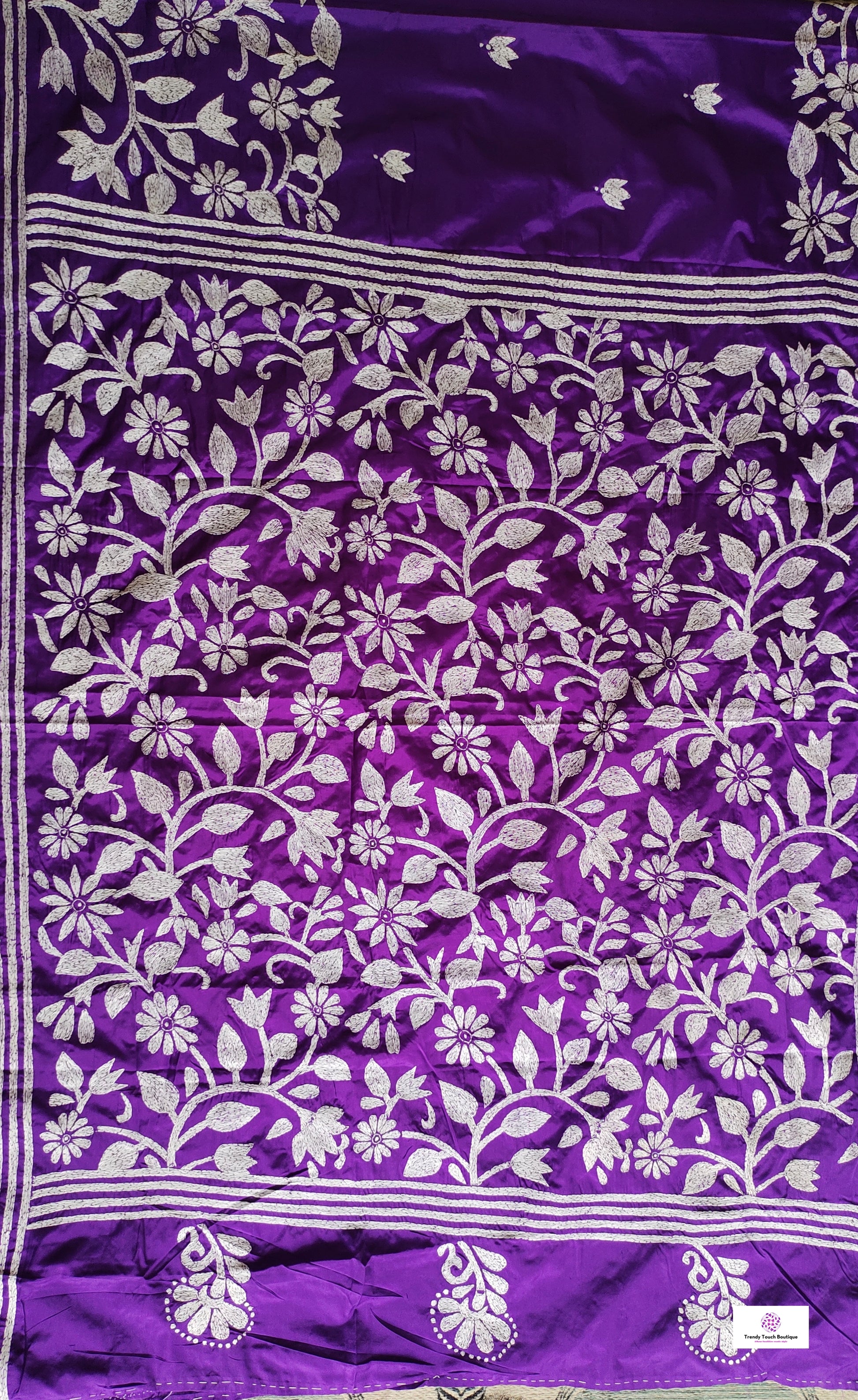 purple kantha hand embroidered designer silk saree purple and white thread fioral work for wedding functions and events best fabric best price