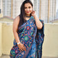 BLUE color multicolored thread kantha handembroidered designer bangalore art silk saree in floral pattern with blouse piece best price lightweight saree for wedding and office formal celebrations events with blouse piece