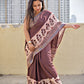  best summer handwoven handloom fabric handblock print organic slub linen saree brown color floral pattern at best price online with blouse piece for office wear or everyday styling!